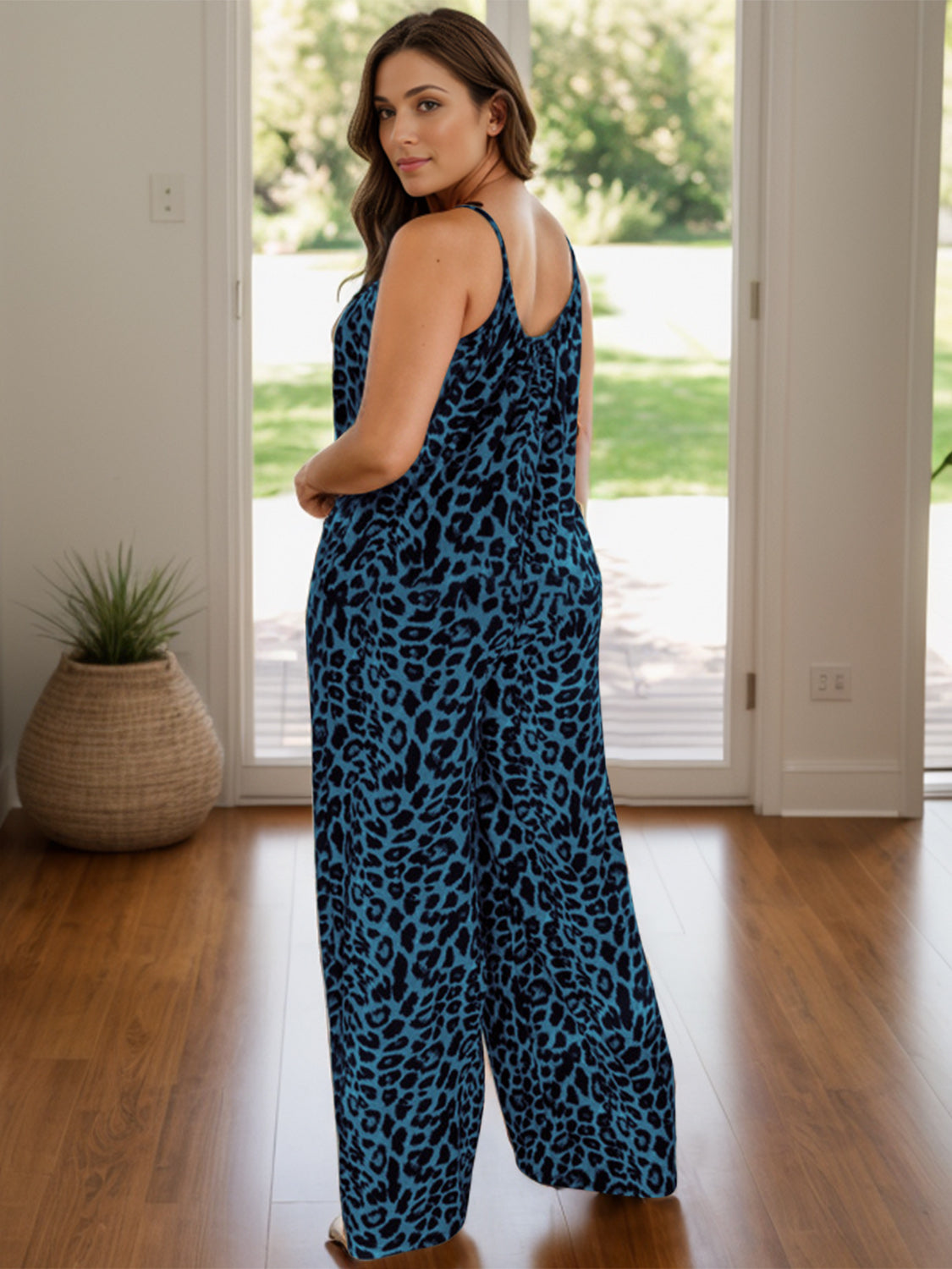 Full Size Leopard Scoop Neck Wide Leg Jumpsuit-TOPS / DRESSES-[Adult]-[Female]-Deep Teal-S-2022 Online Blue Zone Planet