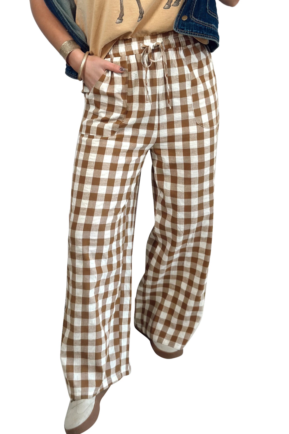 Brown Gingham Plaid Tie Elastic Waist Shift Pants-Bottoms/Pants & Culotte-[Adult]-[Female]-2022 Online Blue Zone Planet