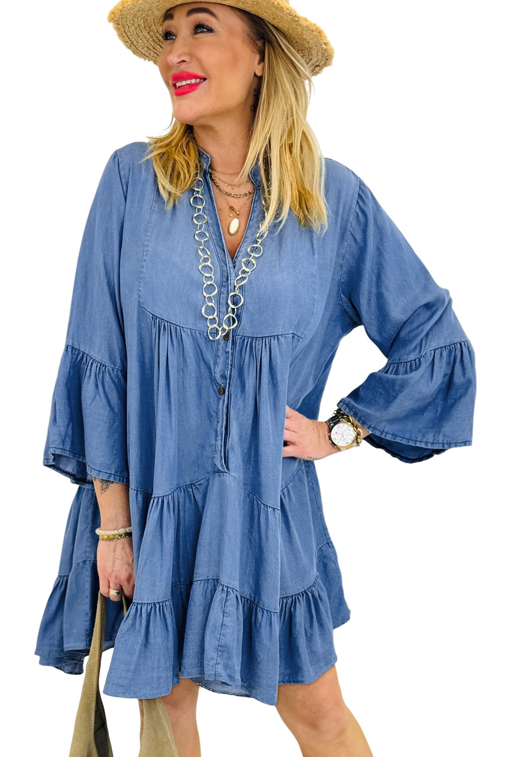 Sky Blue Chambray Ruffled 3/4 Sleeve Tiered Split V Neck Mini Dress-Short Dresses-[Adult]-[Female]-2022 Online Blue Zone Planet