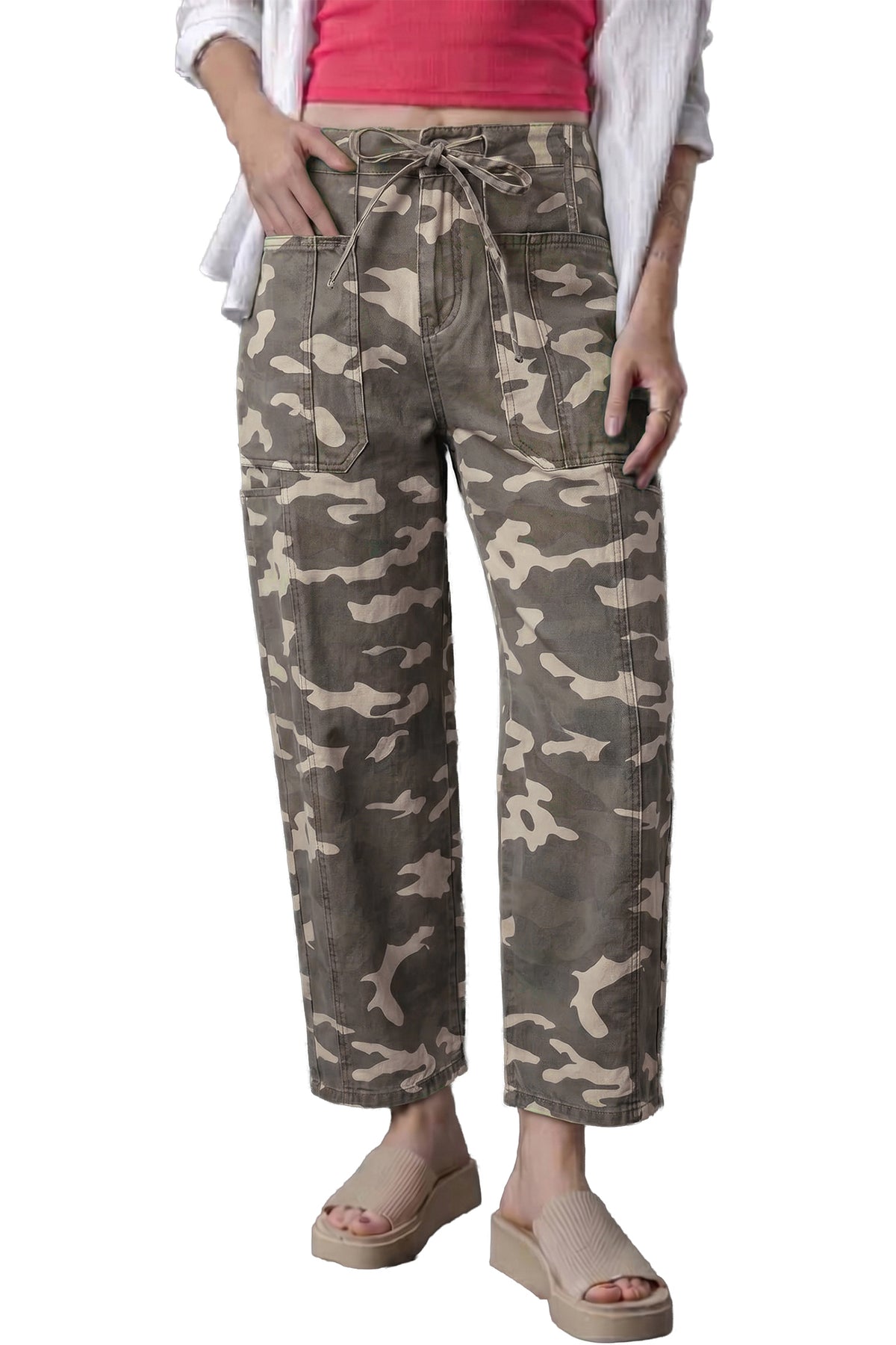 Green Leopard Printed Drawstring Elastic Waistband Pocketed Barrel Jeans-Bottoms/Jeans-[Adult]-[Female]-2022 Online Blue Zone Planet