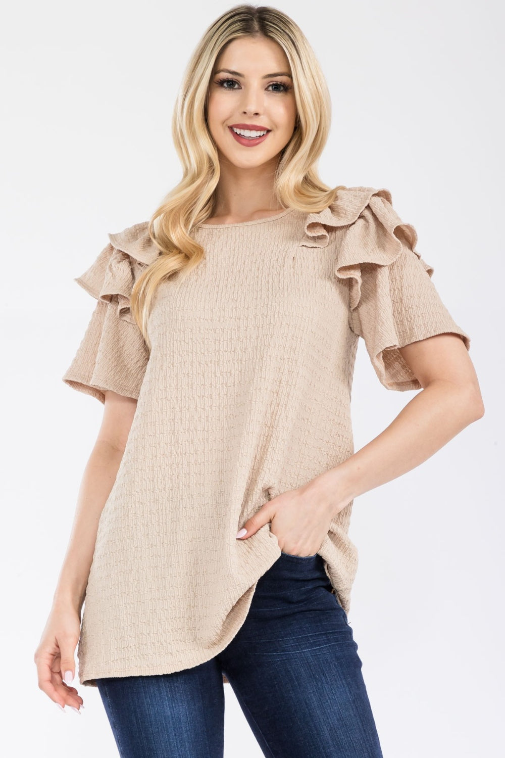 Celeste Full Size Ruffle Layered Short Sleeve Texture Top-TOPS / DRESSES-[Adult]-[Female]-Beige-S-2022 Online Blue Zone Planet