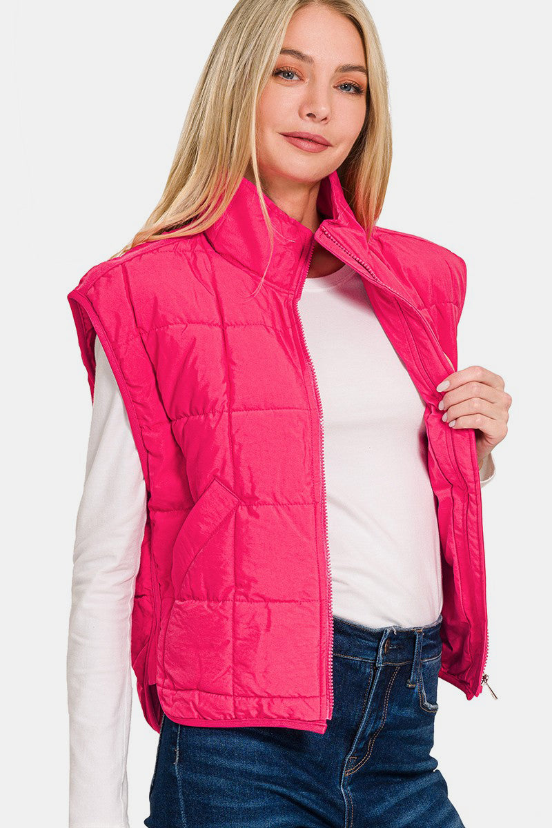 Zenana Zip Up Cropped Puffer Vest with Pockets-TOPS / DRESSES-[Adult]-[Female]-2022 Online Blue Zone Planet