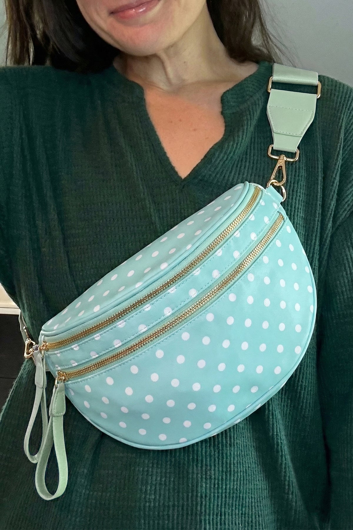 Blackish Green Retro Polka Dot Print Double Zip Crossbody Bag-Shoes & Bags/Crossbody Bags-[Adult]-[Female]-Beau Blue-ONE SIZE-2022 Online Blue Zone Planet