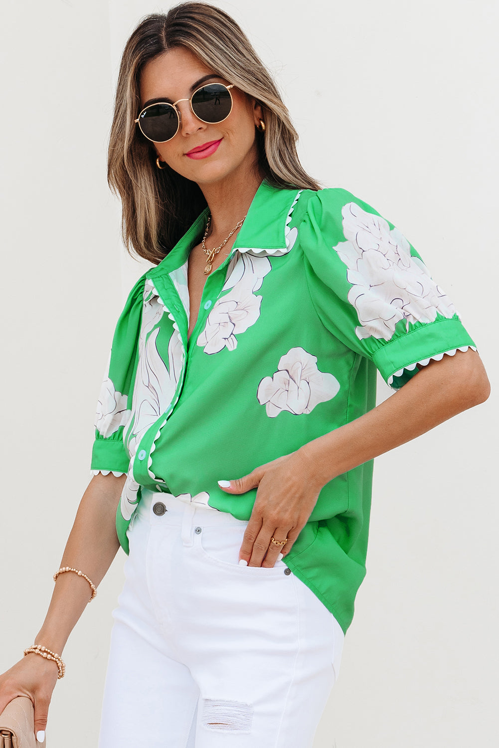 Green Floral Ric Rac Edge Puff Sleeve Button Up Summer Shirt-Tops/Blouses & Shirts-[Adult]-[Female]-2022 Online Blue Zone Planet