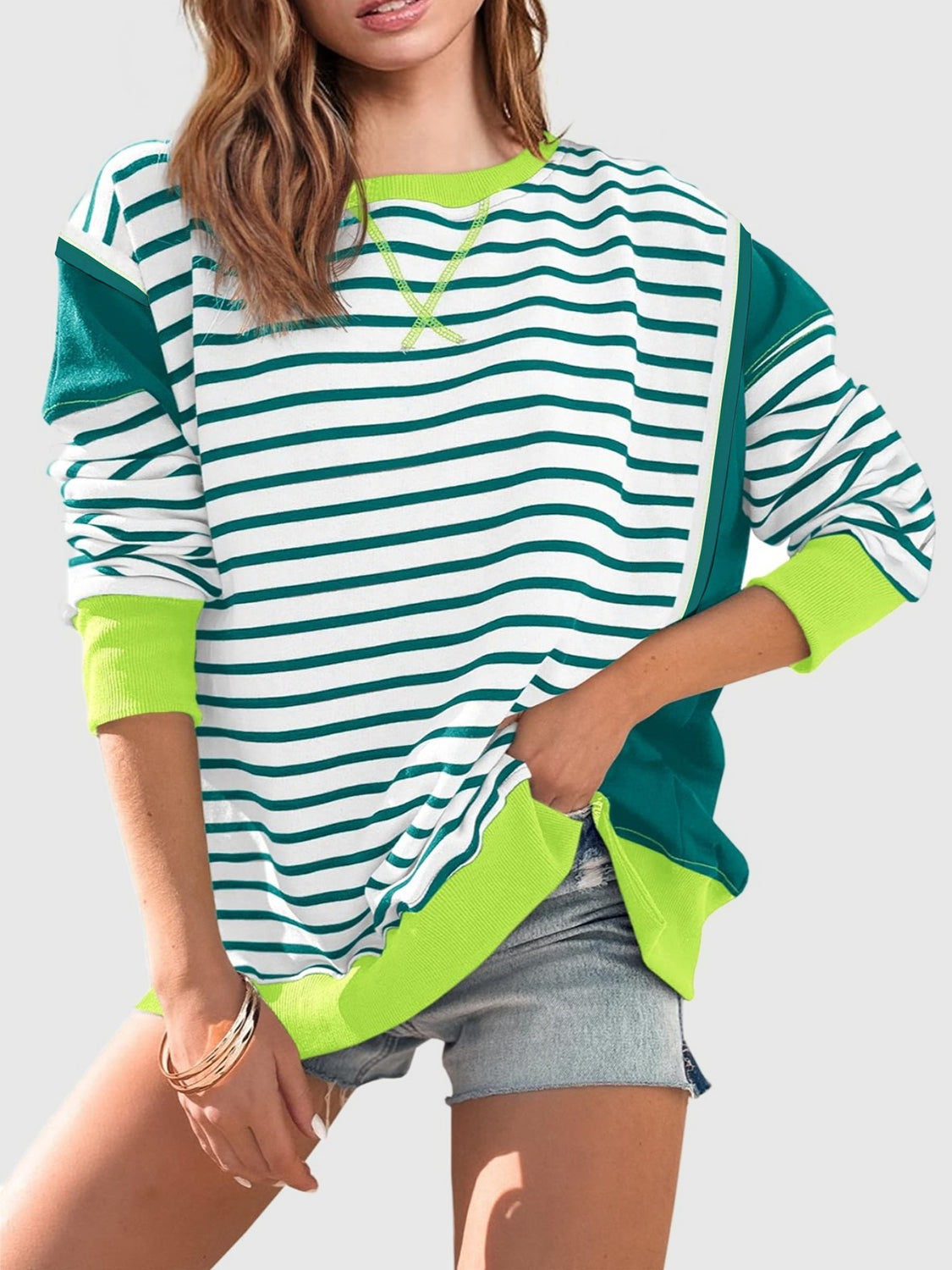 Slit Exposed Seam Striped Long Sleeve Sweatshirt-TOPS / DRESSES-[Adult]-[Female]-Neon Green-S-2022 Online Blue Zone Planet