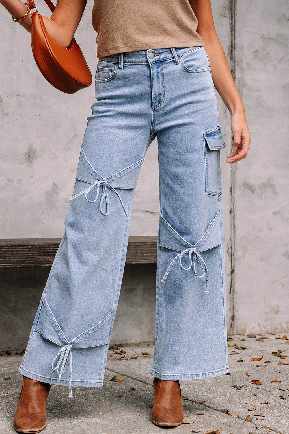 Beau Blue Bowknot Decor Boyfriend Cargo Jeans-Bottoms/Jeans-[Adult]-[Female]-2022 Online Blue Zone Planet