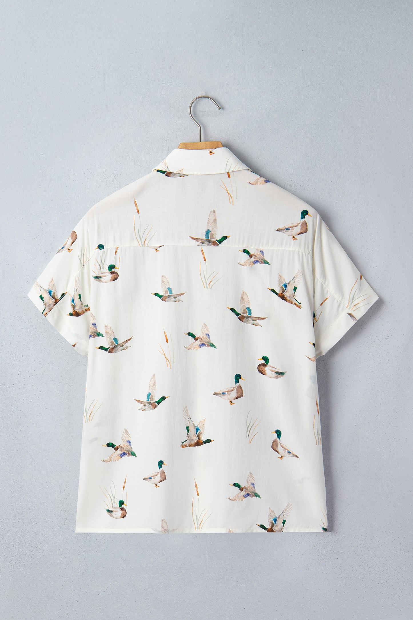White Mallard Printed Button Flap Pocket Short Sleeve Shirt-Tops/Blouses & Shirts-[Adult]-[Female]-2022 Online Blue Zone Planet