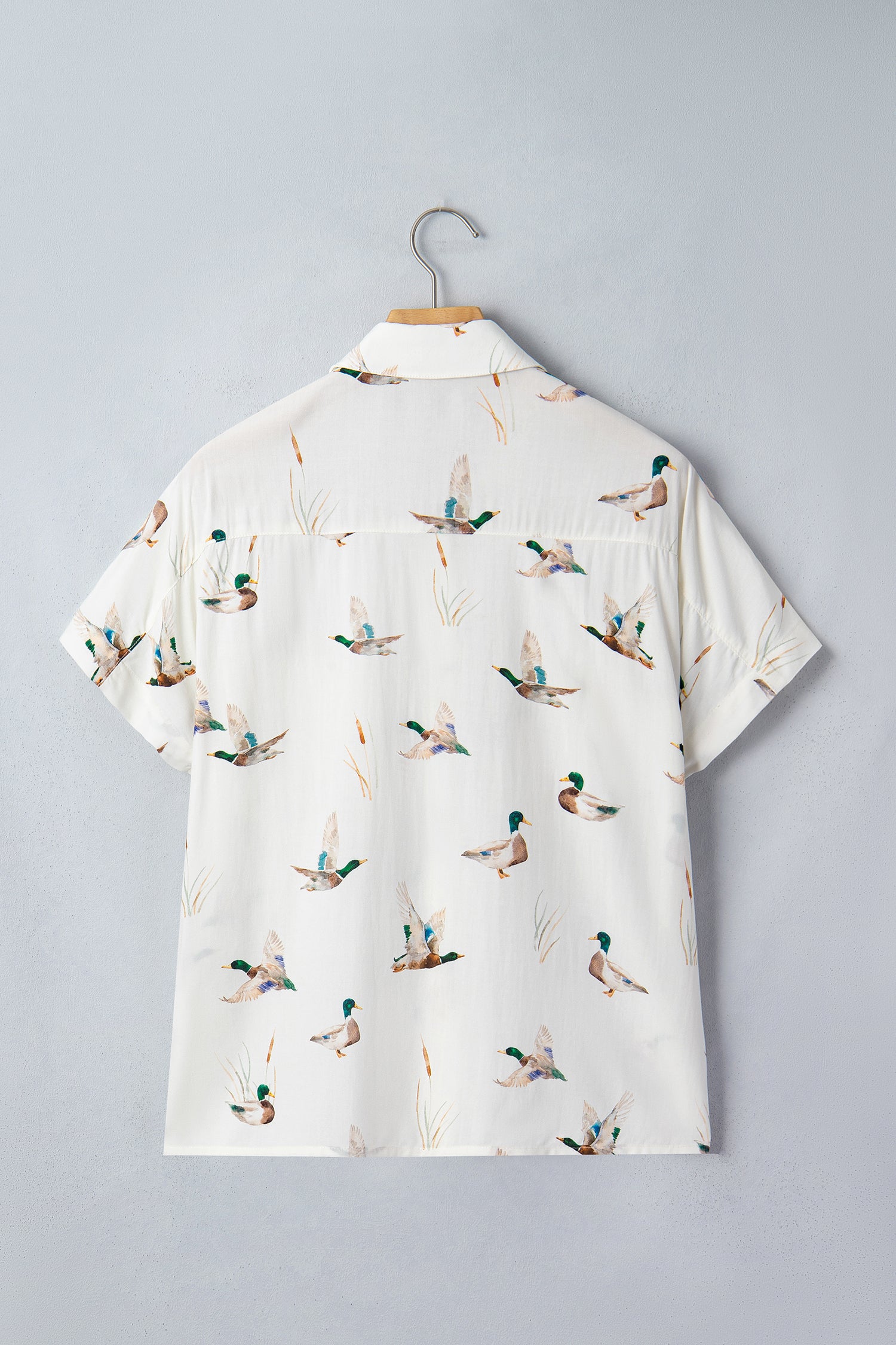 White Mallard Printed Button Flap Pocket Short Sleeve Shirt-Tops/Blouses & Shirts-[Adult]-[Female]-2022 Online Blue Zone Planet