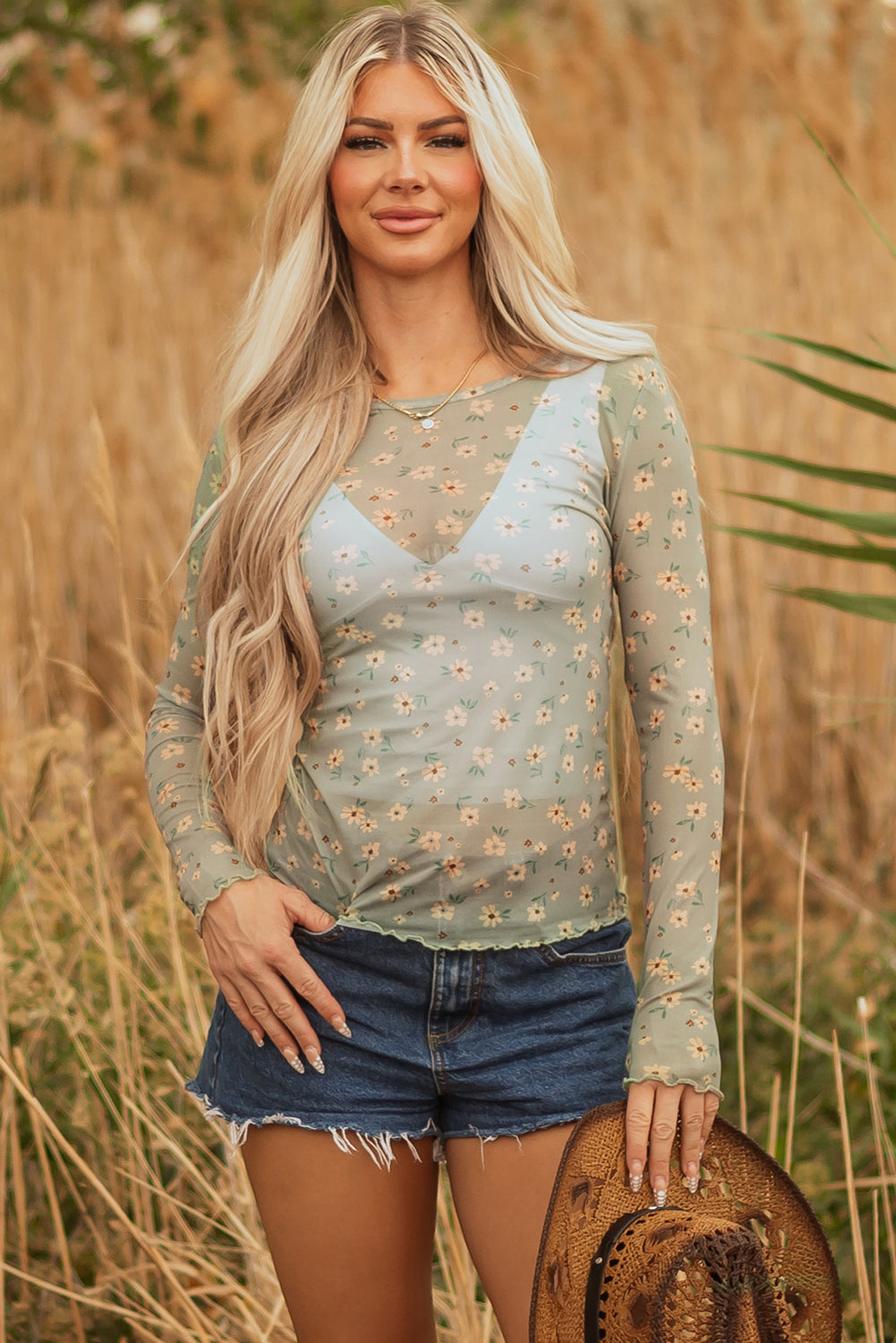 Laurel Green Vintage Floral Print Southern Style Mesh Long Sleeve Top-Tops/Long Sleeve Tops-[Adult]-[Female]-2022 Online Blue Zone Planet