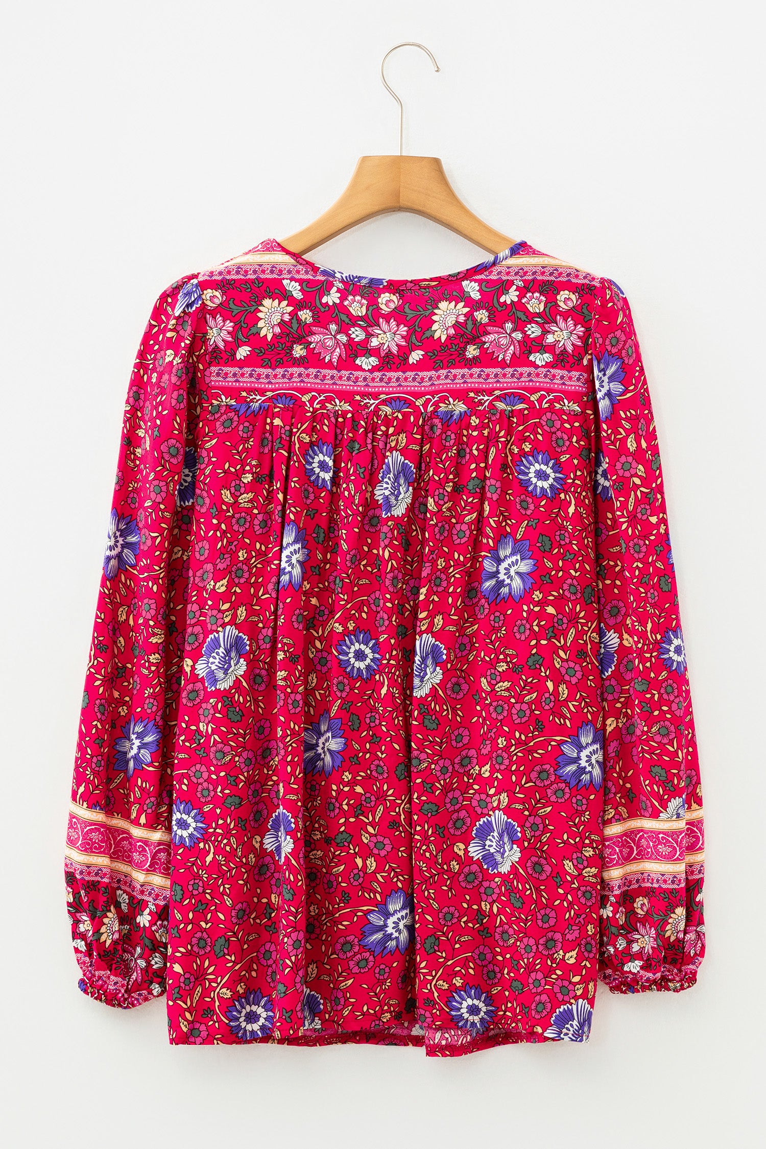 Blue Bohemian Floral Print Tassel Tie Front Long Sleeve Blouse-Tops/Blouses & Shirts-[Adult]-[Female]-2022 Online Blue Zone Planet