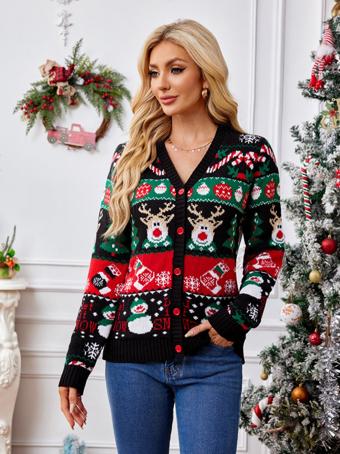 Reindeer Button Up Long Sleeve Cardigan-TOPS / DRESSES-[Adult]-[Female]-2022 Online Blue Zone Planet