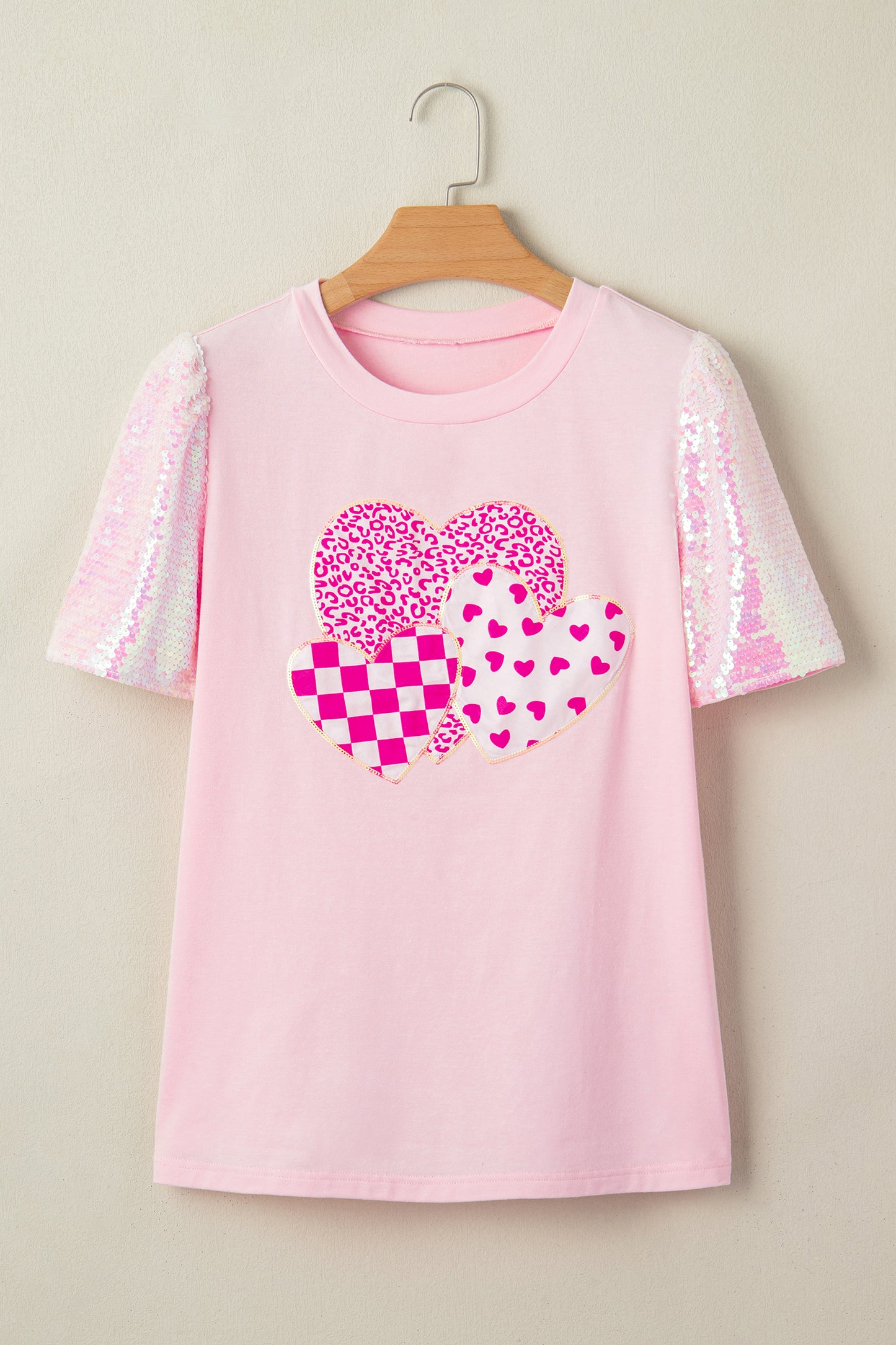 Light Pink Three Sweet Hearts Printed Sequin Trim Contrast Sleeve Patchwork Tee-Tops/Tops & Tees-[Adult]-[Female]-2022 Online Blue Zone Planet