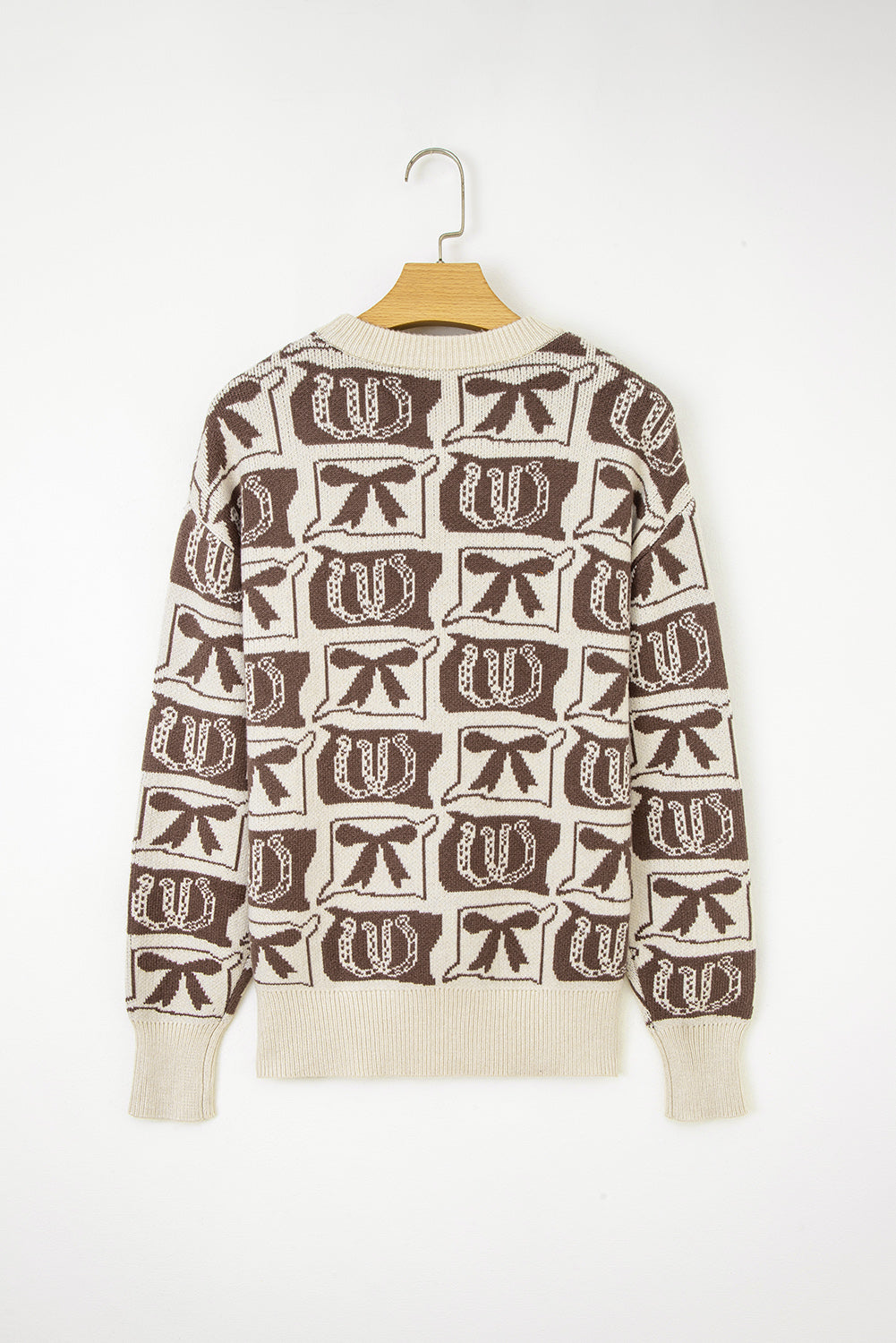 Brown Bows & Horseshoes Pattern Western Fashion Print Sweater-TOPS / DRESSES-[Adult]-[Female]-2022 Online Blue Zone Planet