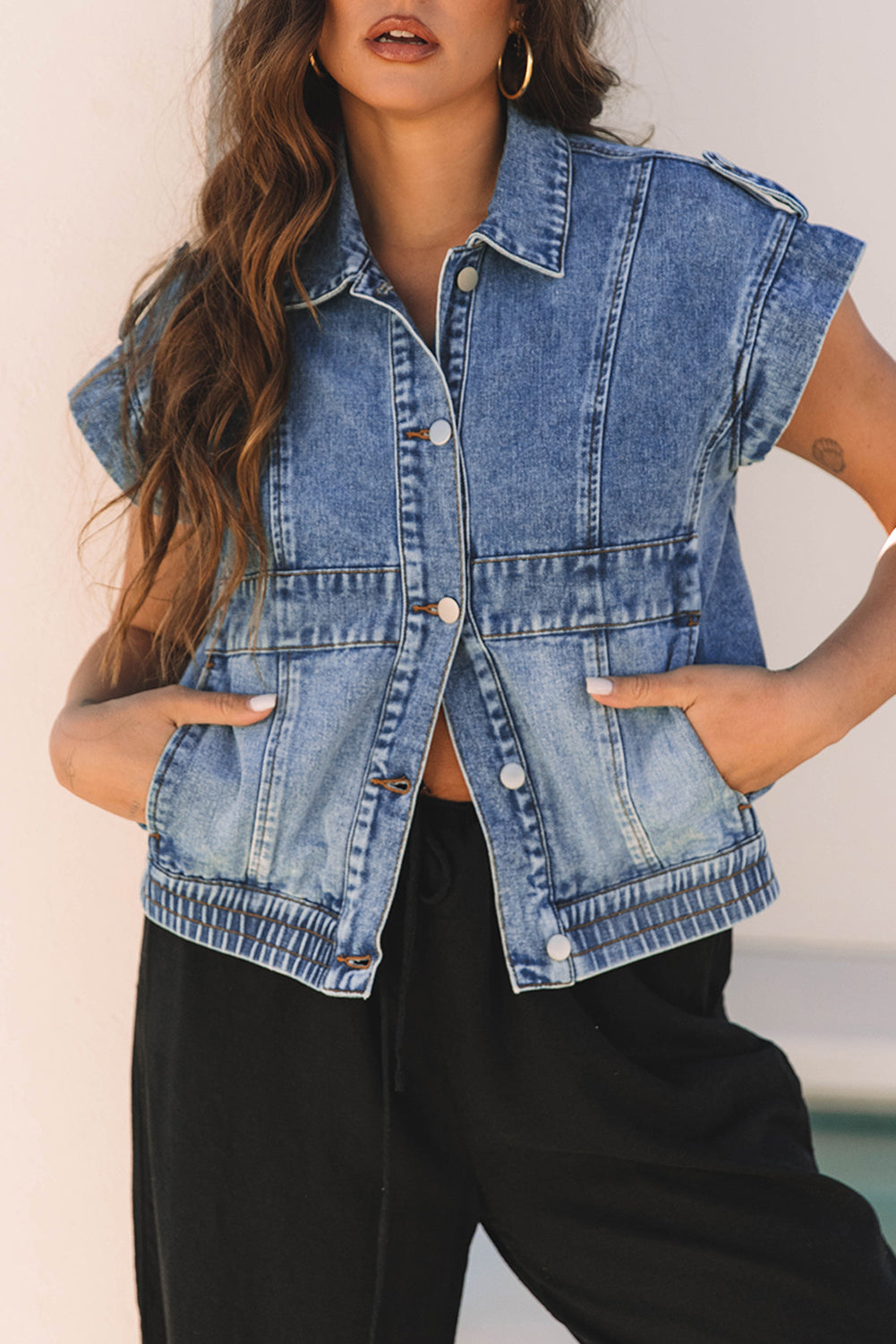 Ashleigh Blue Acid Wash Elastic Hem Button Up Denim Vest-Outerwear/Vests-[Adult]-[Female]-2022 Online Blue Zone Planet