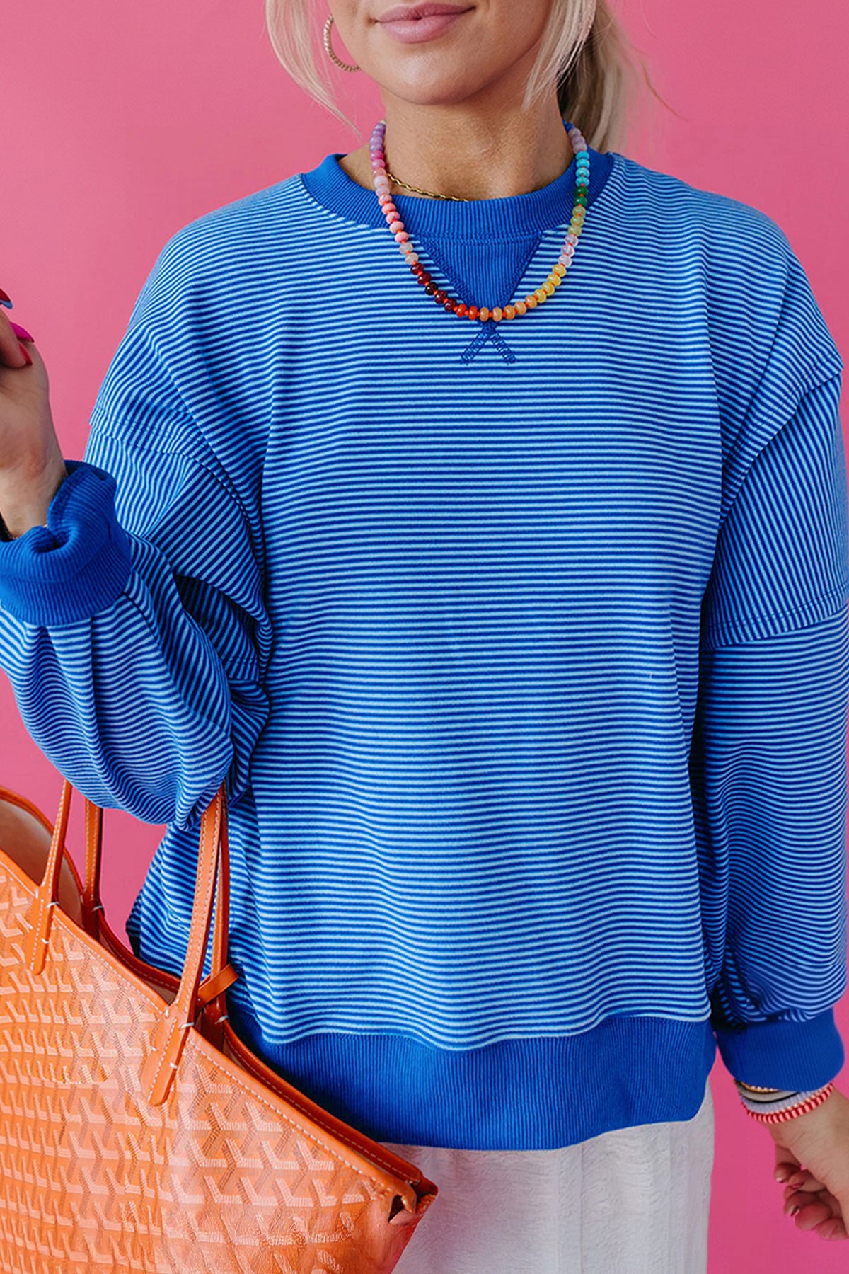 Blue Stripe Ribbed Cuffs Hem Long Sleeve Pullover Top-Tops/Long Sleeve Tops-[Adult]-[Female]-2022 Online Blue Zone Planet
