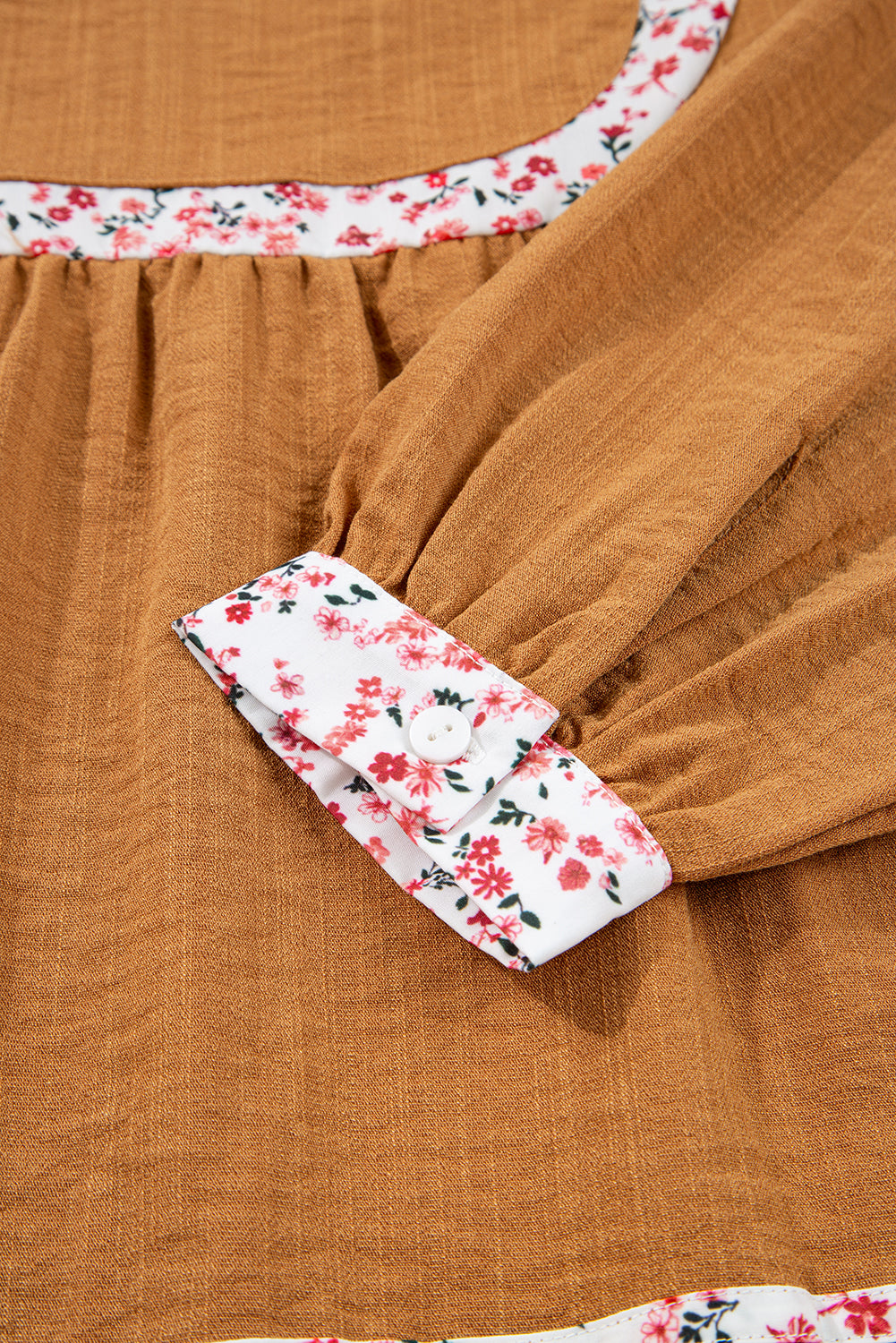 Straw Yellow Split Neck Pleated Floral Trim Long Puff Sleeve Blouse-Tops/Blouses & Shirts-[Adult]-[Female]-2022 Online Blue Zone Planet