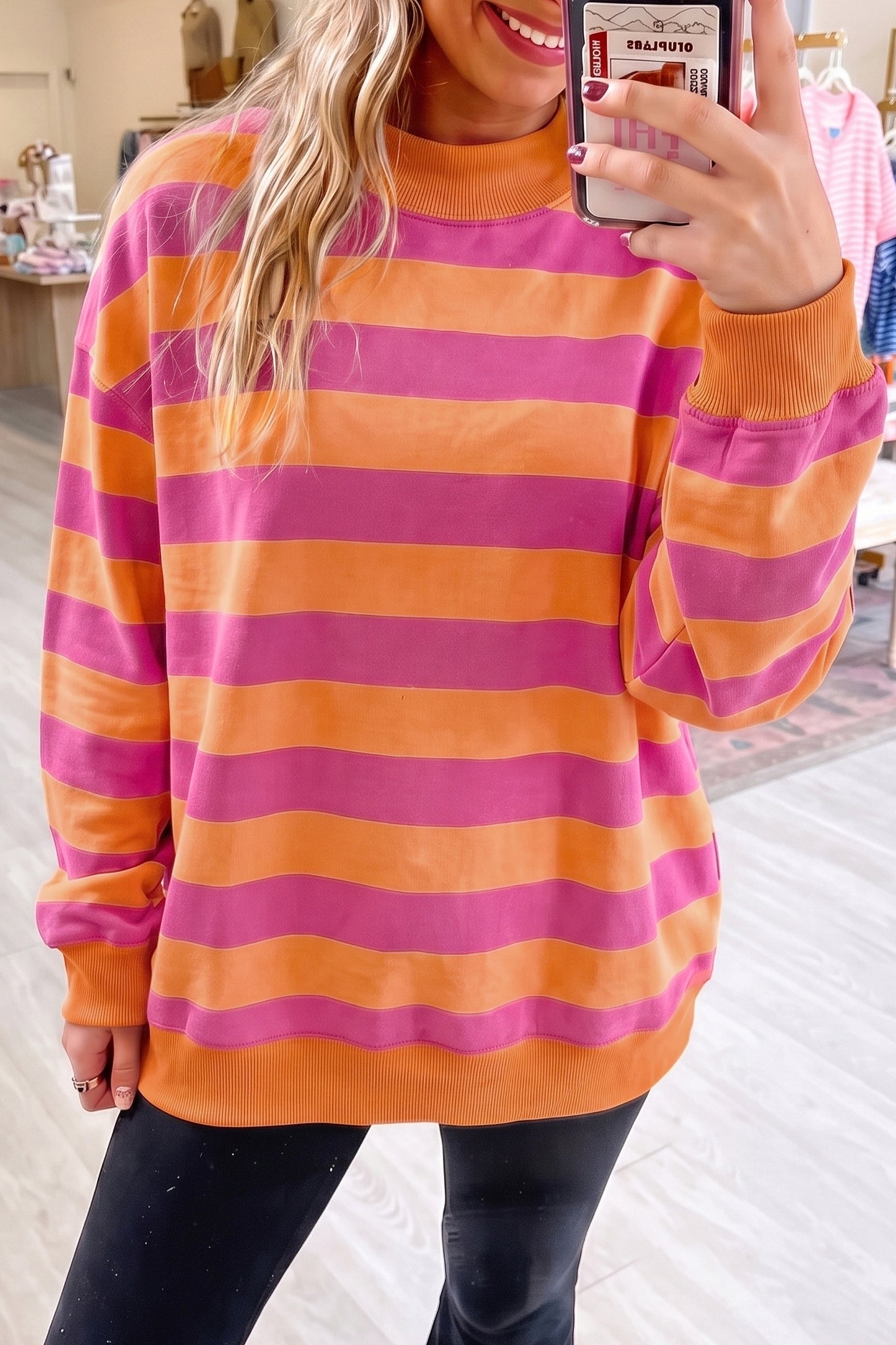 Rose Stripe Colorblock Mock Neck Relaxed Sweatshirt-Tops/Sweatshirts & Hoodies-[Adult]-[Female]-Orange Stripe-S-2022 Online Blue Zone Planet