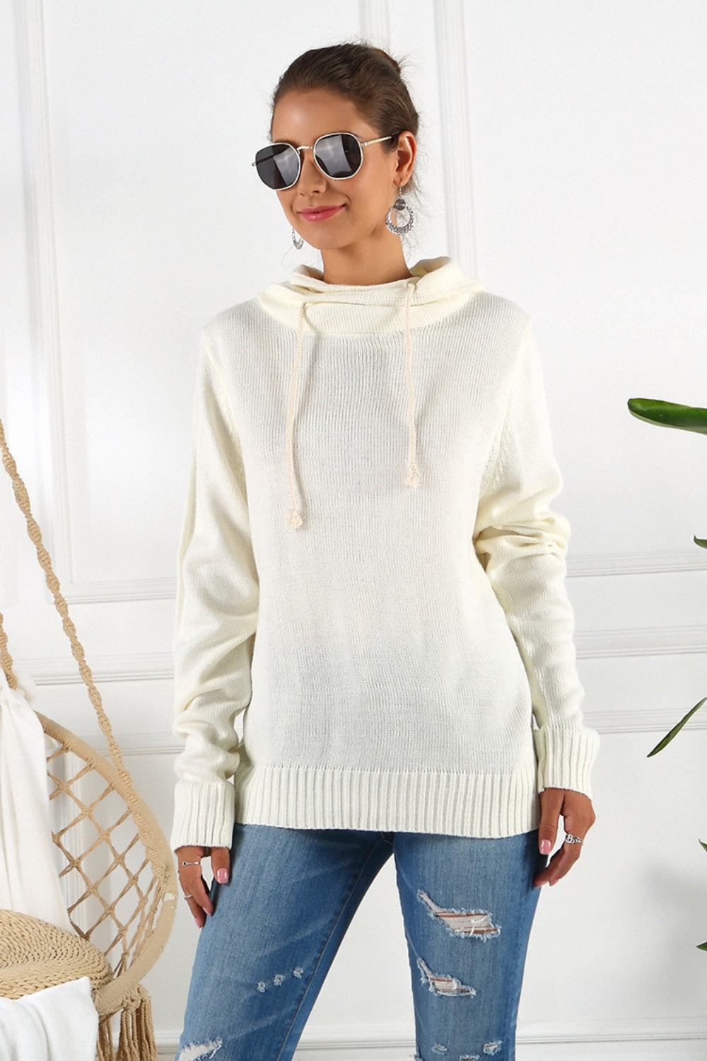 Drawstring Mock Neck Long Sleeve Sweater-TOPS / DRESSES-[Adult]-[Female]-Ivory-S-2022 Online Blue Zone Planet