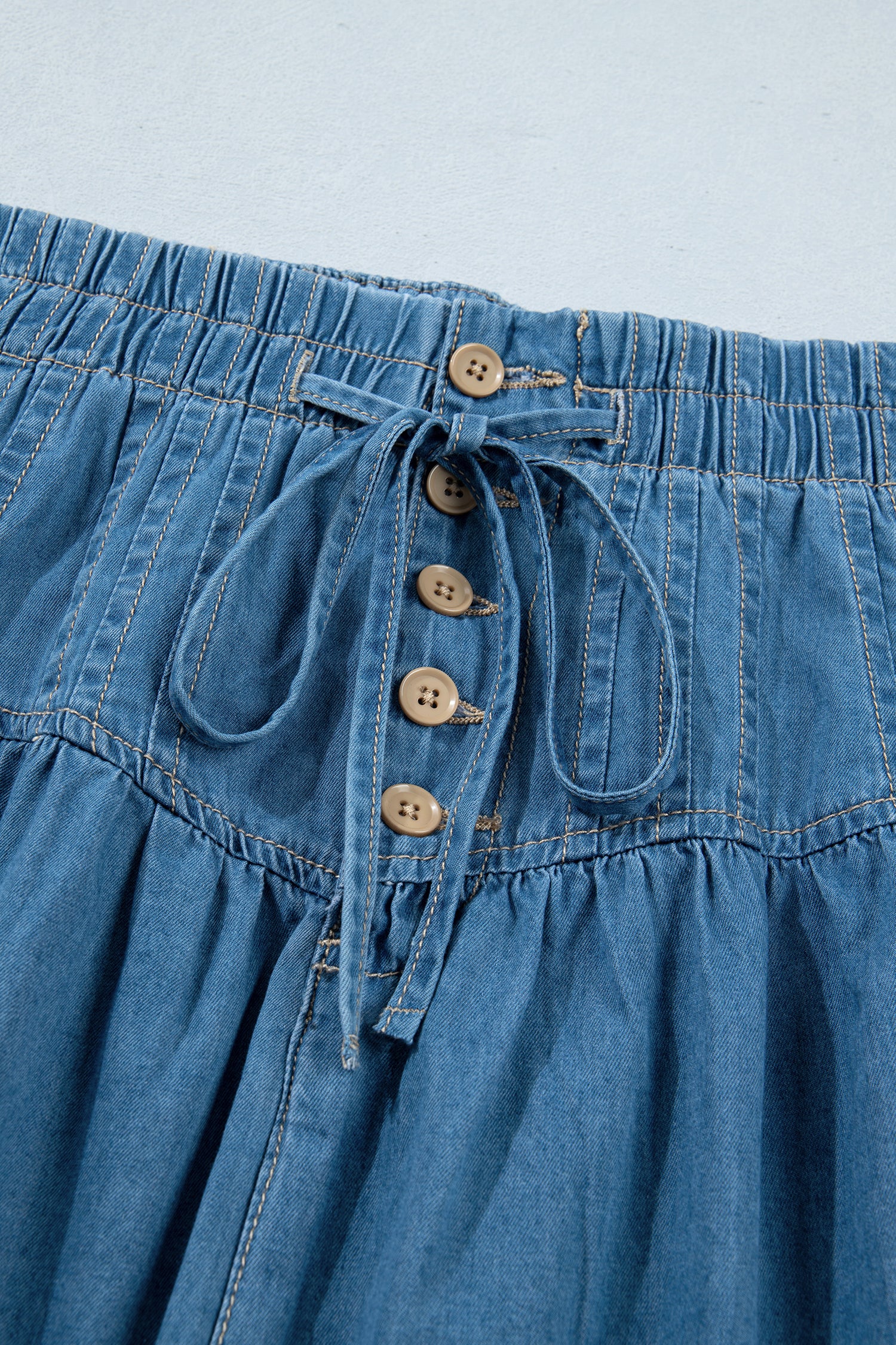 Sky Blue Half Buttons Pleated High Waist Denim Mini Skirt with Drawstring-Bottoms/Skirts & Petticoat-[Adult]-[Female]-2022 Online Blue Zone Planet