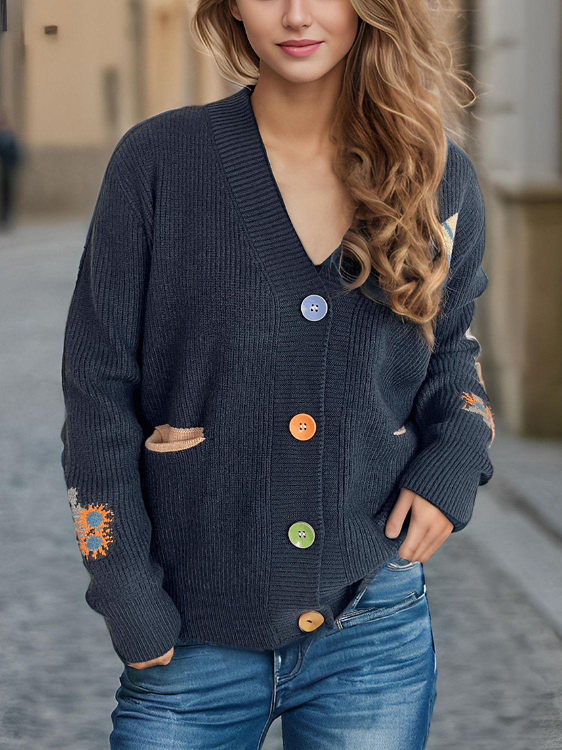 Contrast Button V-Neck Long Sleeve Cardigan-NEW ARRIVALS-[Adult]-[Female]-Dark Blue-One Size-2022 Online Blue Zone Planet