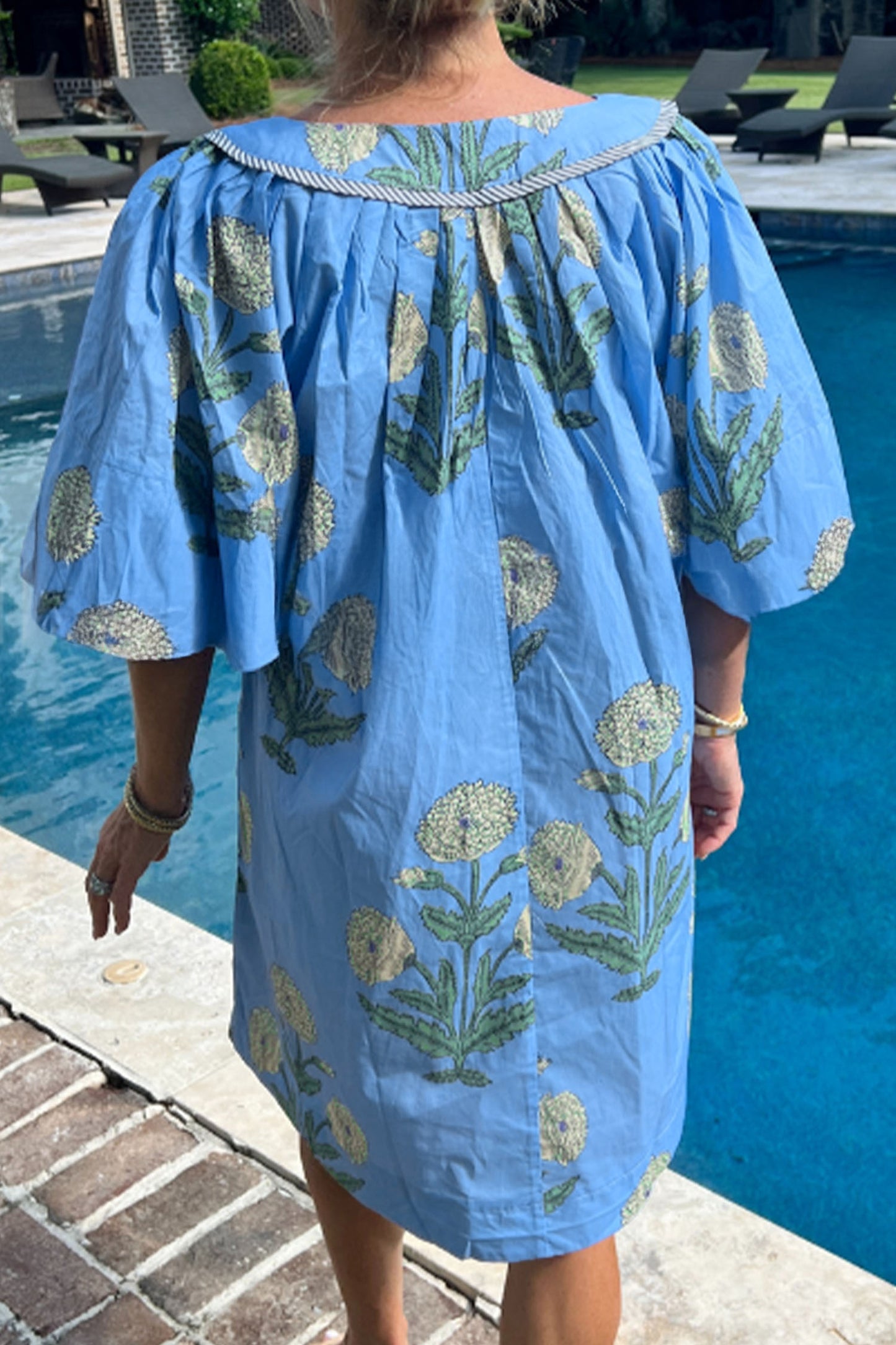 Sky Blue Plus Periwinkle Floral Printed Short Sleeve Striped Trim Split Neck Mini Dress-Plus Size/Plus Size Dresses/Plus Size Mini Dresses-[Adult]-[Female]-2022 Online Blue Zone Planet