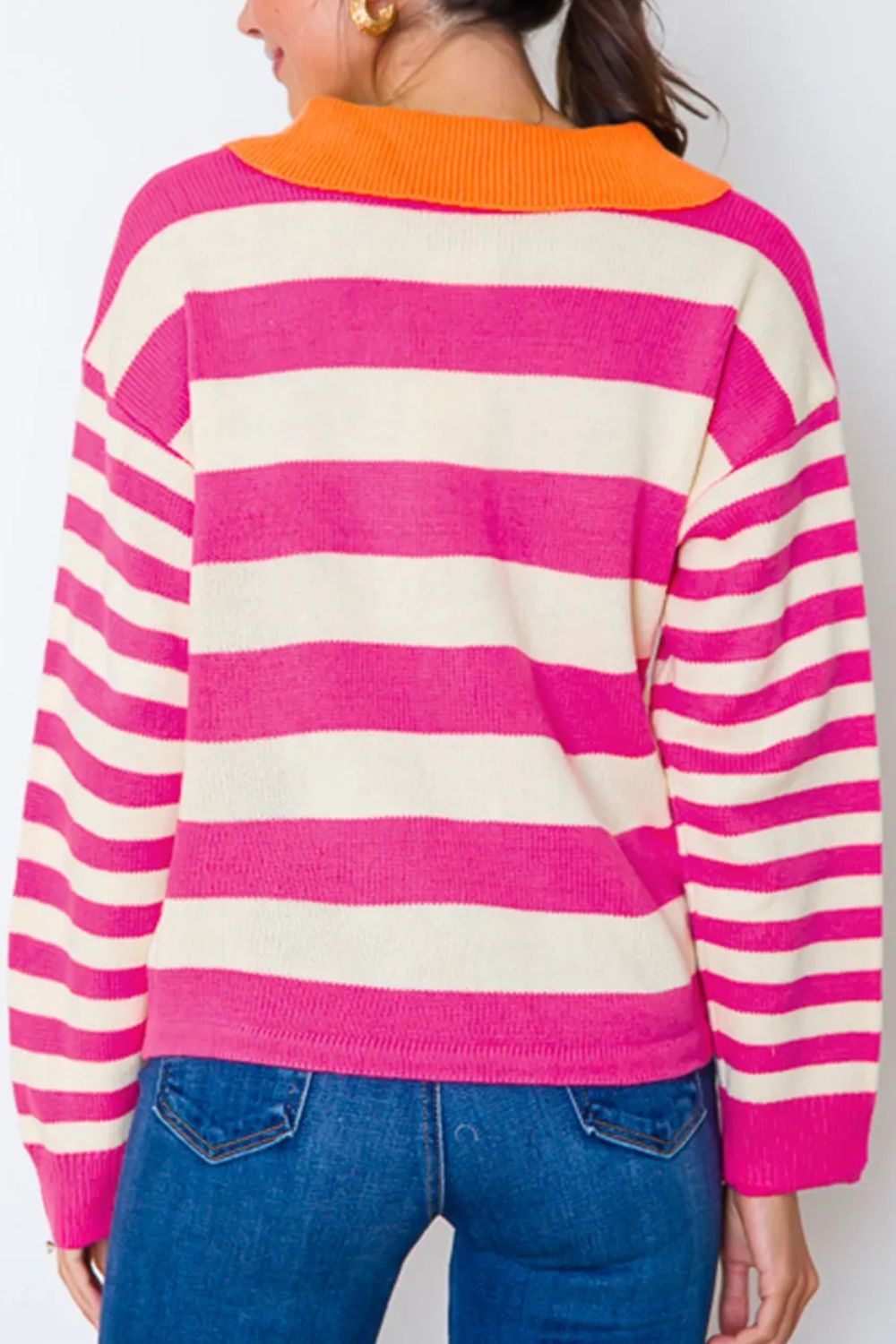 Contrast Stripes Johnny Collar Long Sleeve Sweater-TOPS / DRESSES-[Adult]-[Female]-2022 Online Blue Zone Planet