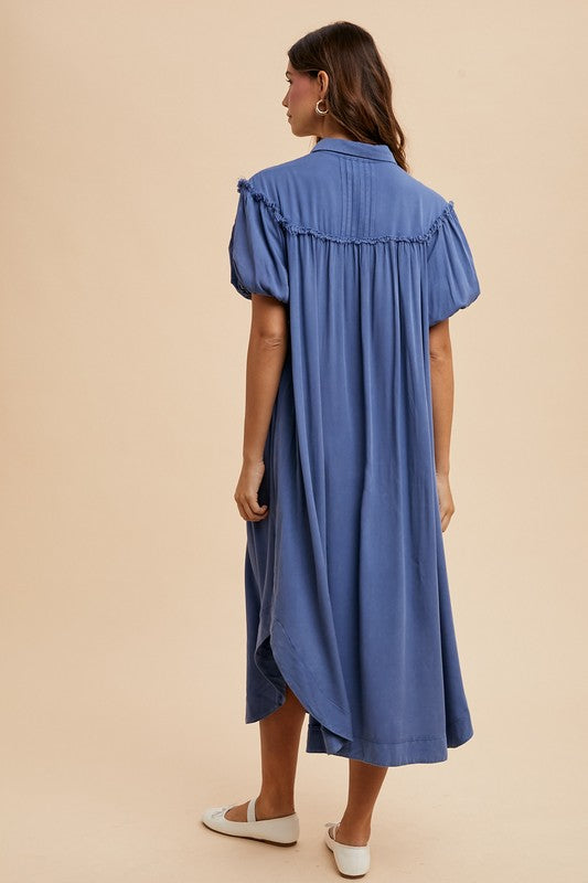 Annie Wear Mineral Washed Button Down Puff Sleeve Shirt Dress-TOPS / DRESSES-[Adult]-[Female]-2022 Online Blue Zone Planet