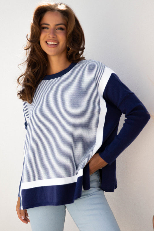 Blue Stripe Color Block Patchwork Dolman Oversize Tunic Sweater-Sweaters & Cardigans/Sweaters-[Adult]-[Female]-Blue Stripe-S-2022 Online Blue Zone Planet