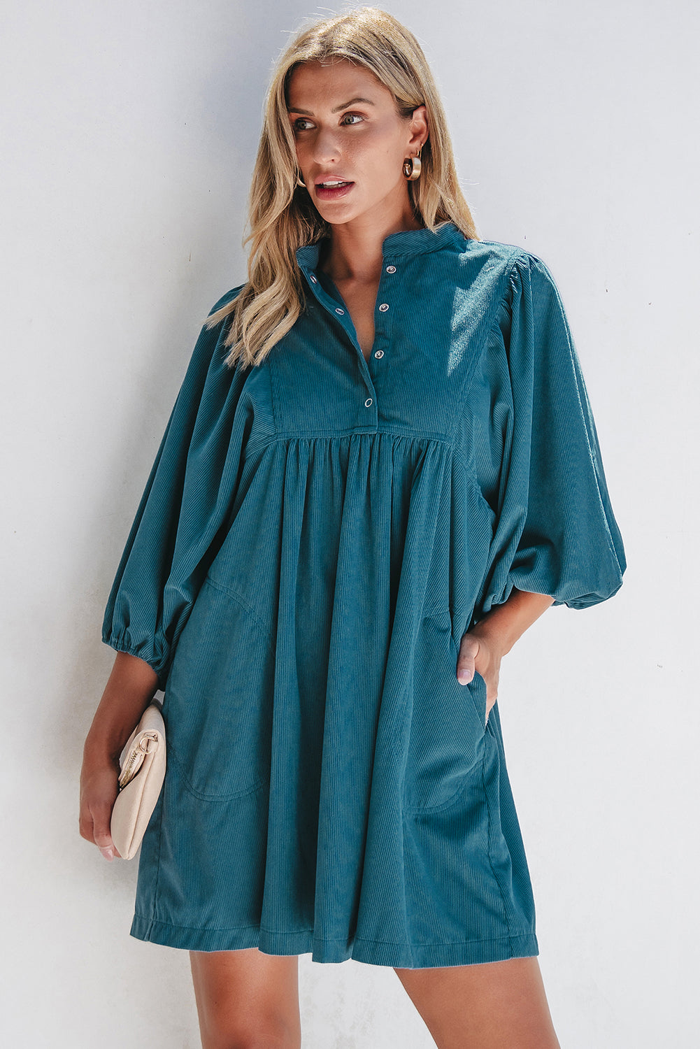 Blue Zone Planet | Blue Corduroy Snap Buttons Empire Waist Bracelet Sleeve Dress-TOPS / DRESSES-[Adult]-[Female]-2022 Online Blue Zone Planet