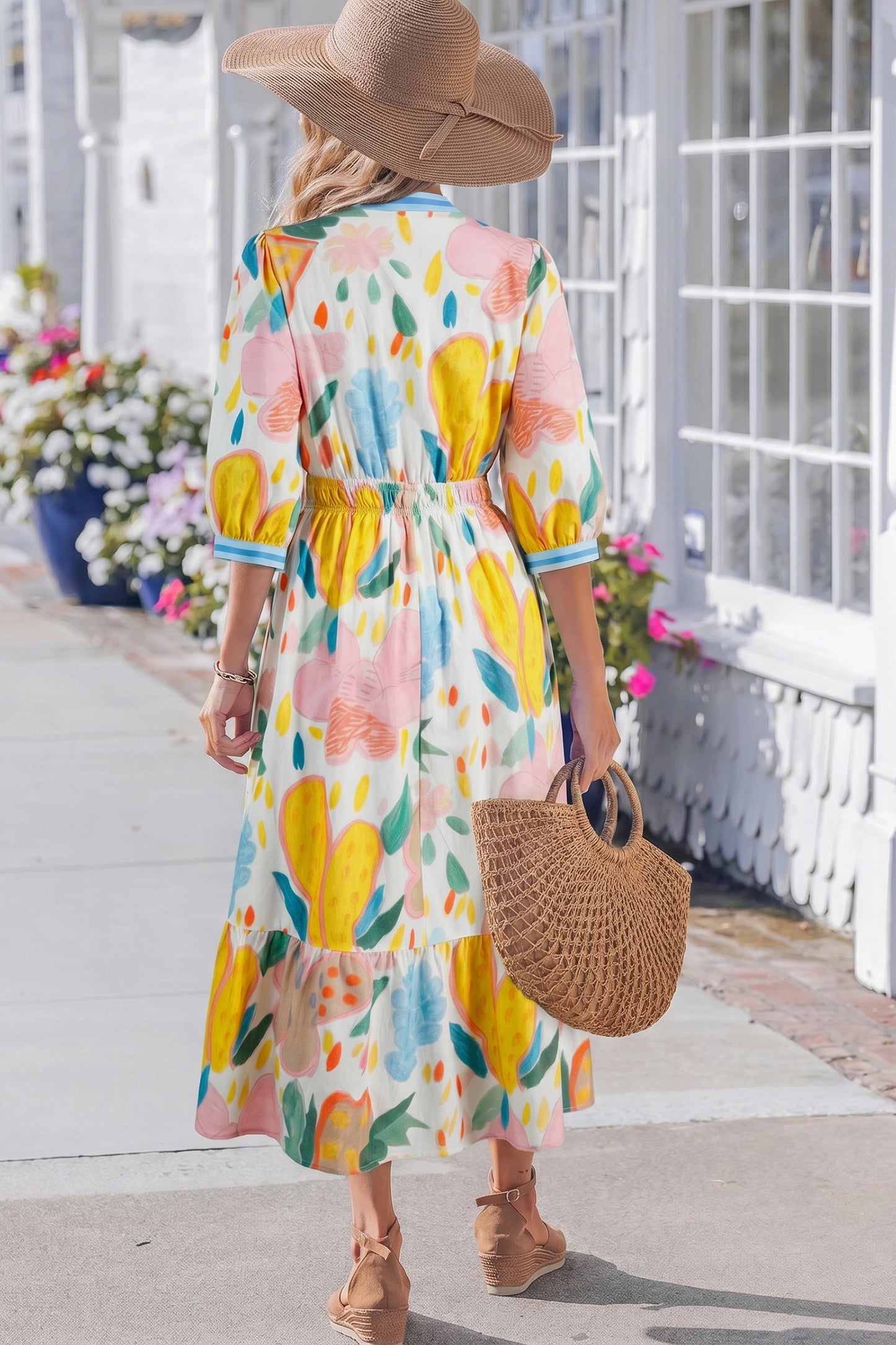 Multicolour Floral Doodle Print Striped Trim V Neck Midi Dress-TOPS / DRESSES-[Adult]-[Female]-2022 Online Blue Zone Planet