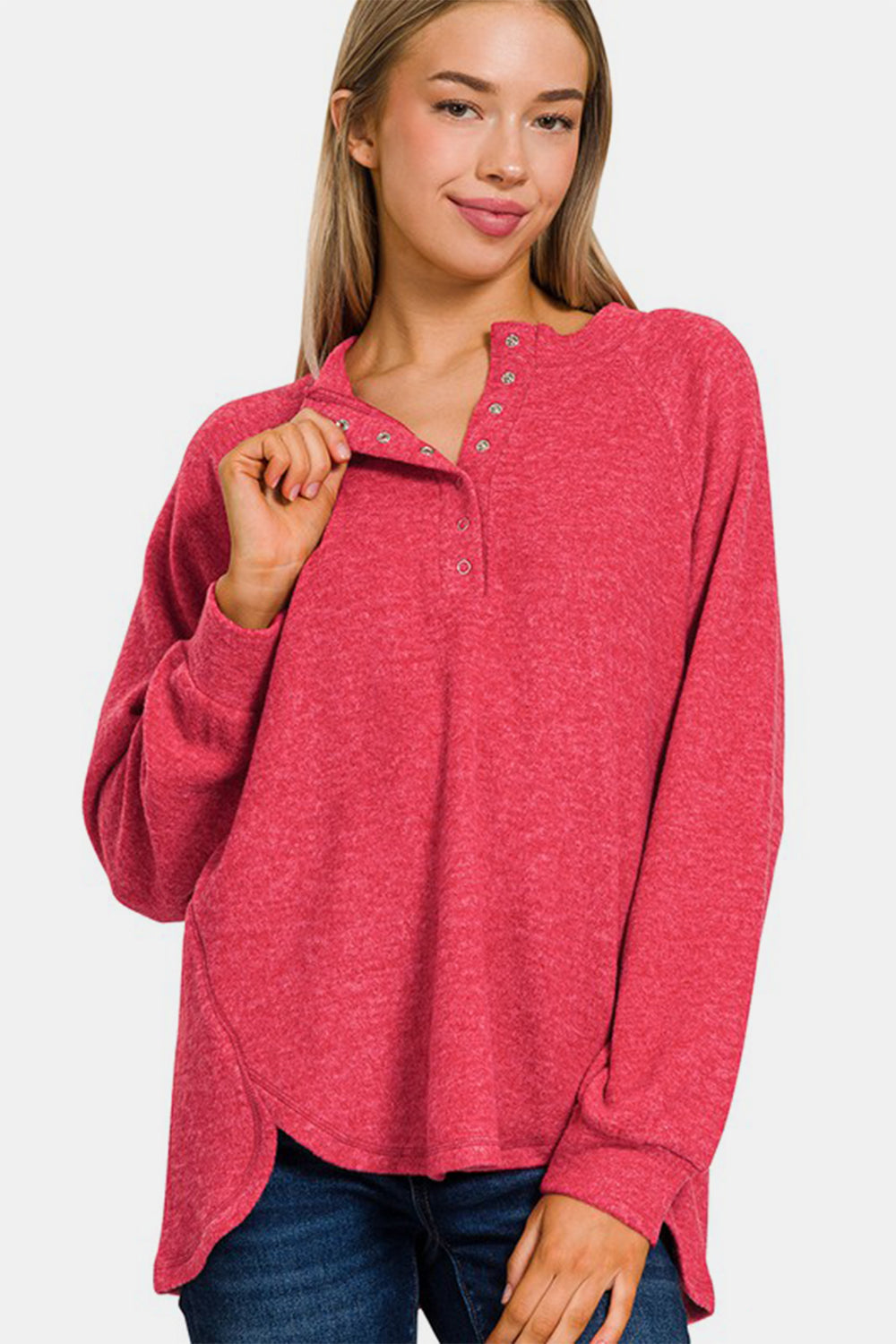 Blue Zone Planet | Zenana Full Size Brushed Melange Hacci High-Low Sweater-TOPS / DRESSES-[Adult]-[Female]-Strawberry-S/M-2022 Online Blue Zone Planet