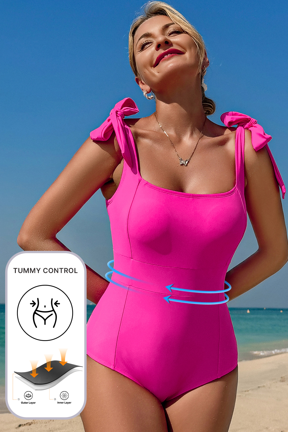 Rose Red Square Neck Knotted Shoulder Open Back One Piece Swimsuit-Swimwear/One Piece Swimsuit-[Adult]-[Female]-2022 Online Blue Zone Planet