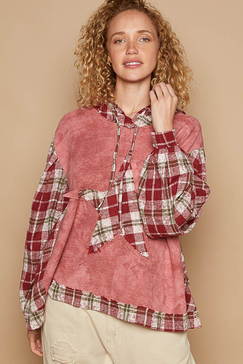 POL Star Patch Plaid Long Sleeve Hooded Top-TOPS / DRESSES-[Adult]-[Female]-2022 Online Blue Zone Planet