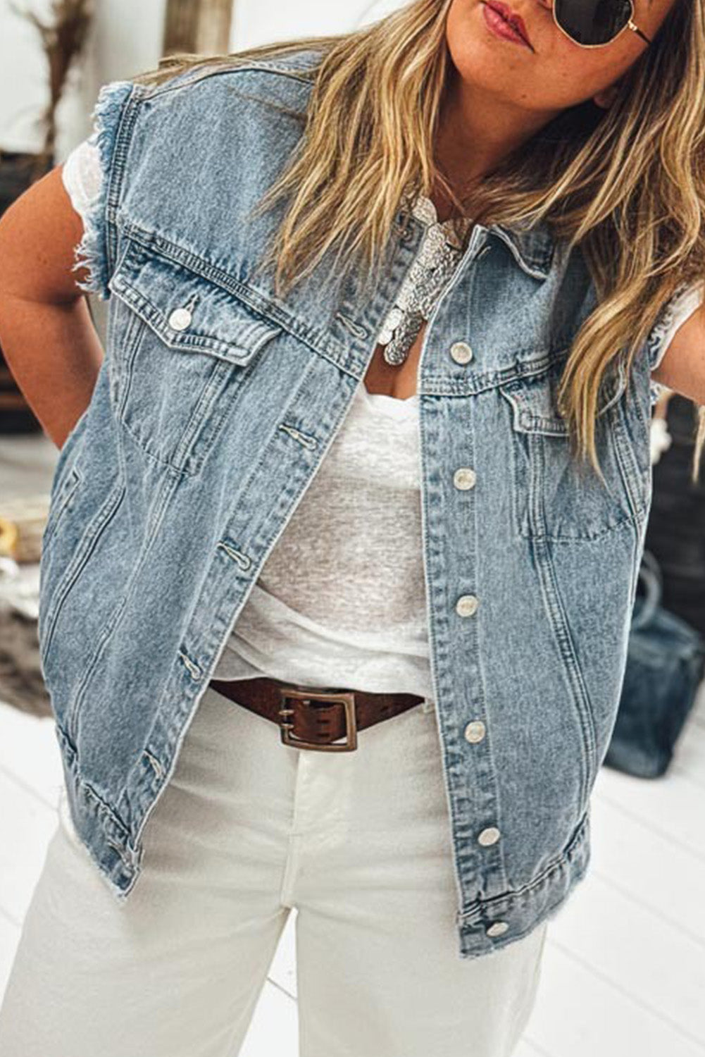 Myosotis Button Flap Pocket Frayed Detail Denim Vest-Outerwear/Vests-[Adult]-[Female]-2022 Online Blue Zone Planet