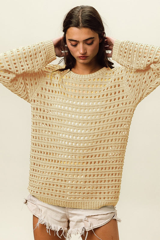 BiBi Round Neck Openwork Knit Cover Up-TOPS / DRESSES-[Adult]-[Female]-Oatmeal-S-2022 Online Blue Zone Planet