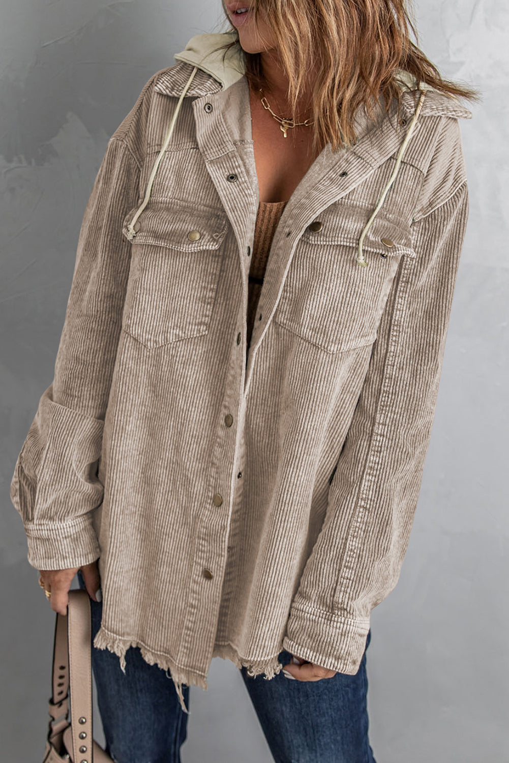 Gray Color Block Button Down Hooded Corduroy Jacket-Outerwear/Jackets-[Adult]-[Female]-Khaki-S-2022 Online Blue Zone Planet