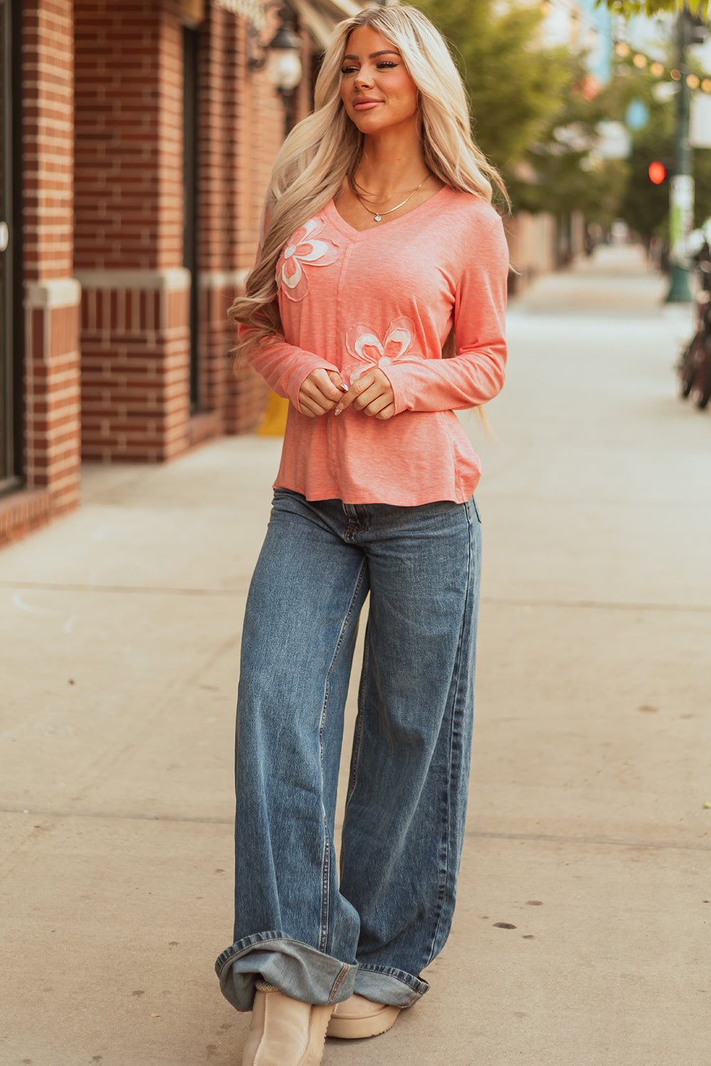 Fresh Salmon Floral Patchwork V Neck Long Sleeve T Shirt-Tops/Long Sleeve Tops-[Adult]-[Female]-2022 Online Blue Zone Planet