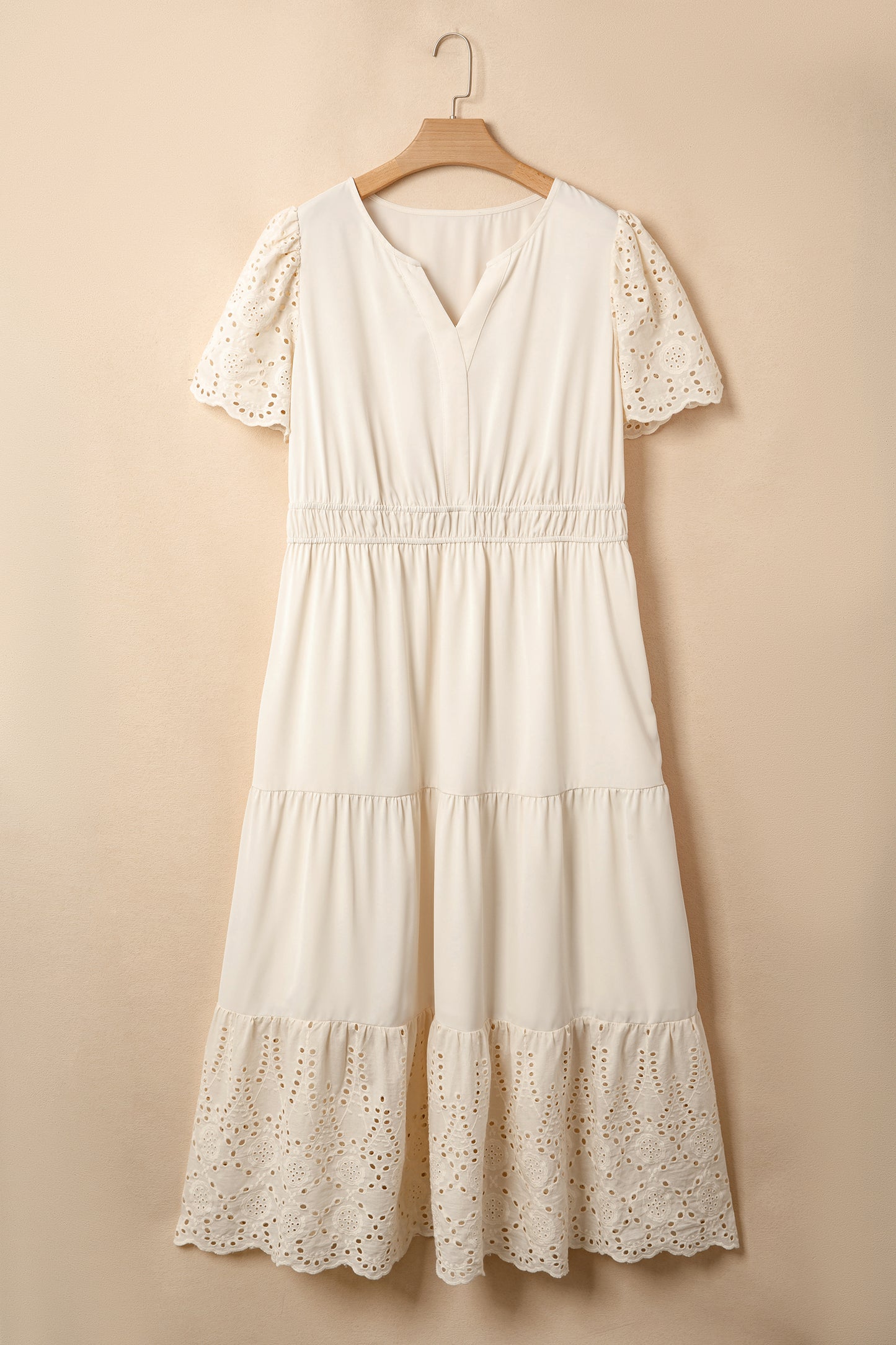 Apricot Plus Size V Neck Lacy Embroidery Patchwork Short Sleeve Maxi Dress-Plus Size/Plus Size Dresses/Plus Size Maxi Dresses-[Adult]-[Female]-2022 Online Blue Zone Planet