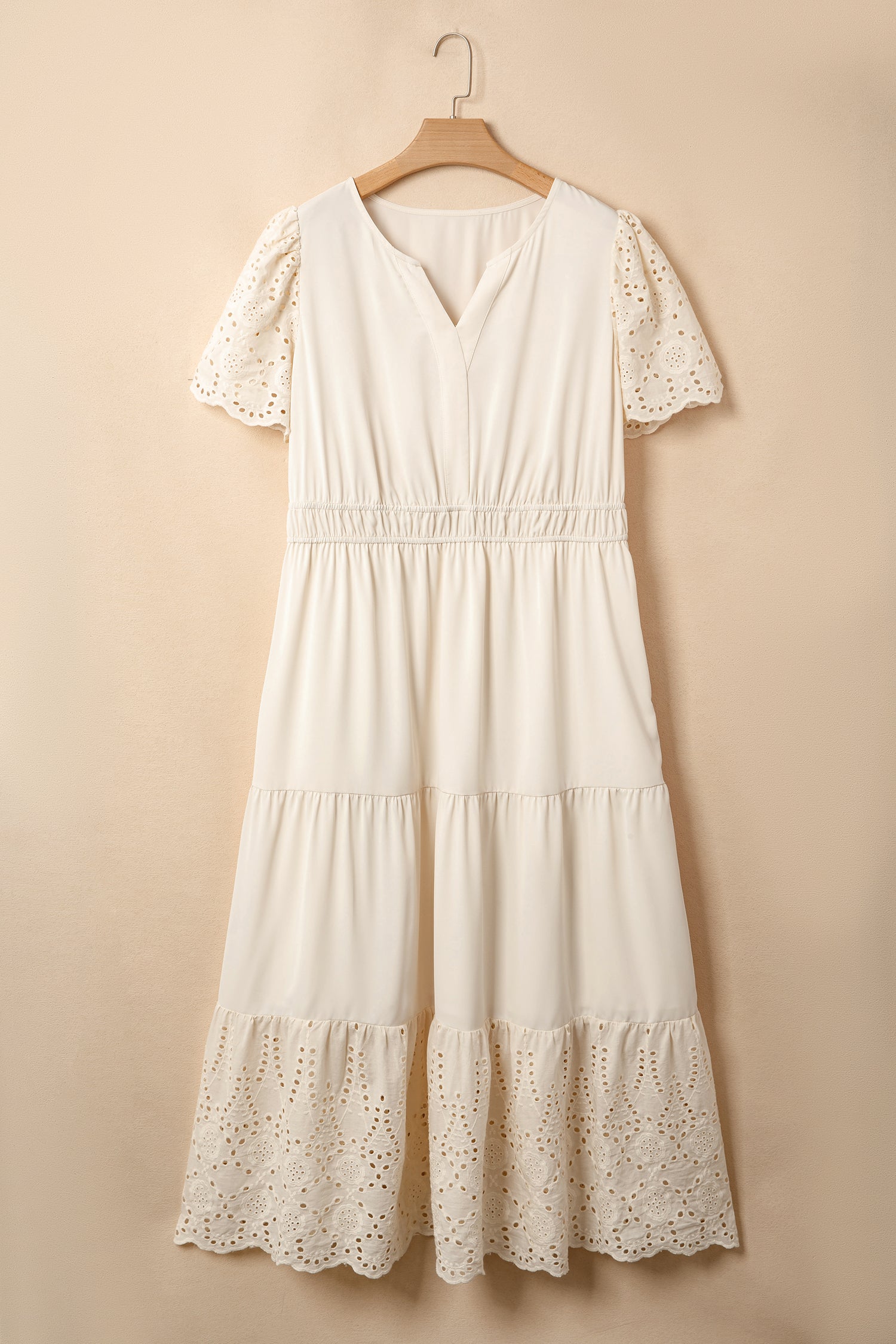Apricot Plus Size V Neck Lacy Embroidery Patchwork Short Sleeve Maxi Dress-Plus Size/Plus Size Dresses/Plus Size Maxi Dresses-[Adult]-[Female]-2022 Online Blue Zone Planet
