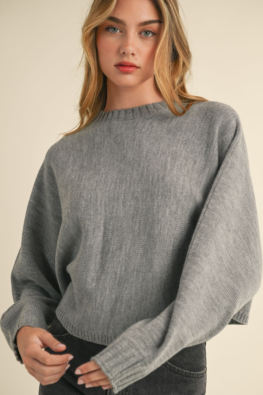 Mable Round Neck Dolman Sleeve Cropped Sweater-TOPS / DRESSES-[Adult]-[Female]-H Grey-S-2022 Online Blue Zone Planet