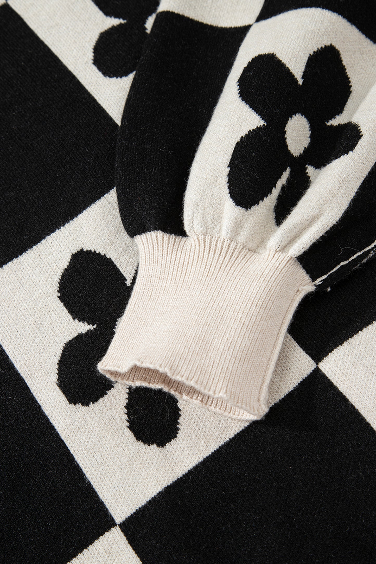 Black Flower Plaid Henley Baggy Sweater-TOPS / DRESSES-[Adult]-[Female]-2022 Online Blue Zone Planet