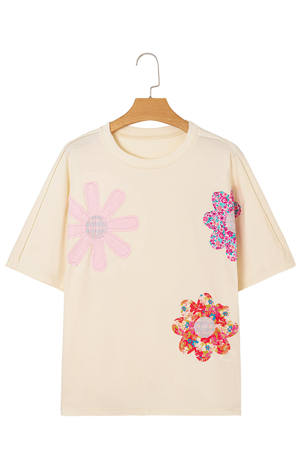 Apricot Flower Patched Exposed Stitching Trim Crew Neck Loose Tee-Tops/Tops & Tees-[Adult]-[Female]-2022 Online Blue Zone Planet