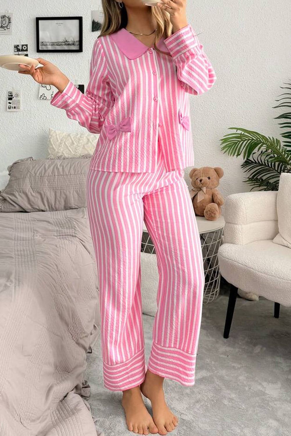 Pink Stripe Buttoned Front Long Sleeve Top and Pants 2 Piece Sleepwear-Loungewear & Sleepwear/Sleepwear-[Adult]-[Female]-2022 Online Blue Zone Planet