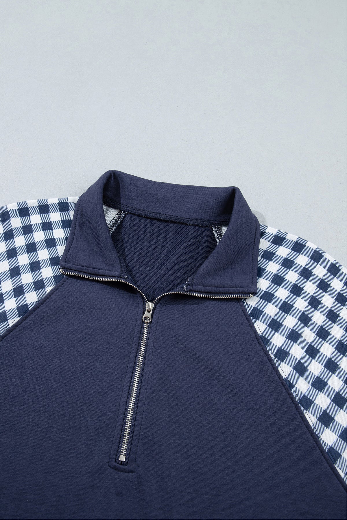 Navy Blue Patchwork Plaid Pocket Quarter Zip Sweatshirt-Tops/Sweatshirts & Hoodies-[Adult]-[Female]-2022 Online Blue Zone Planet