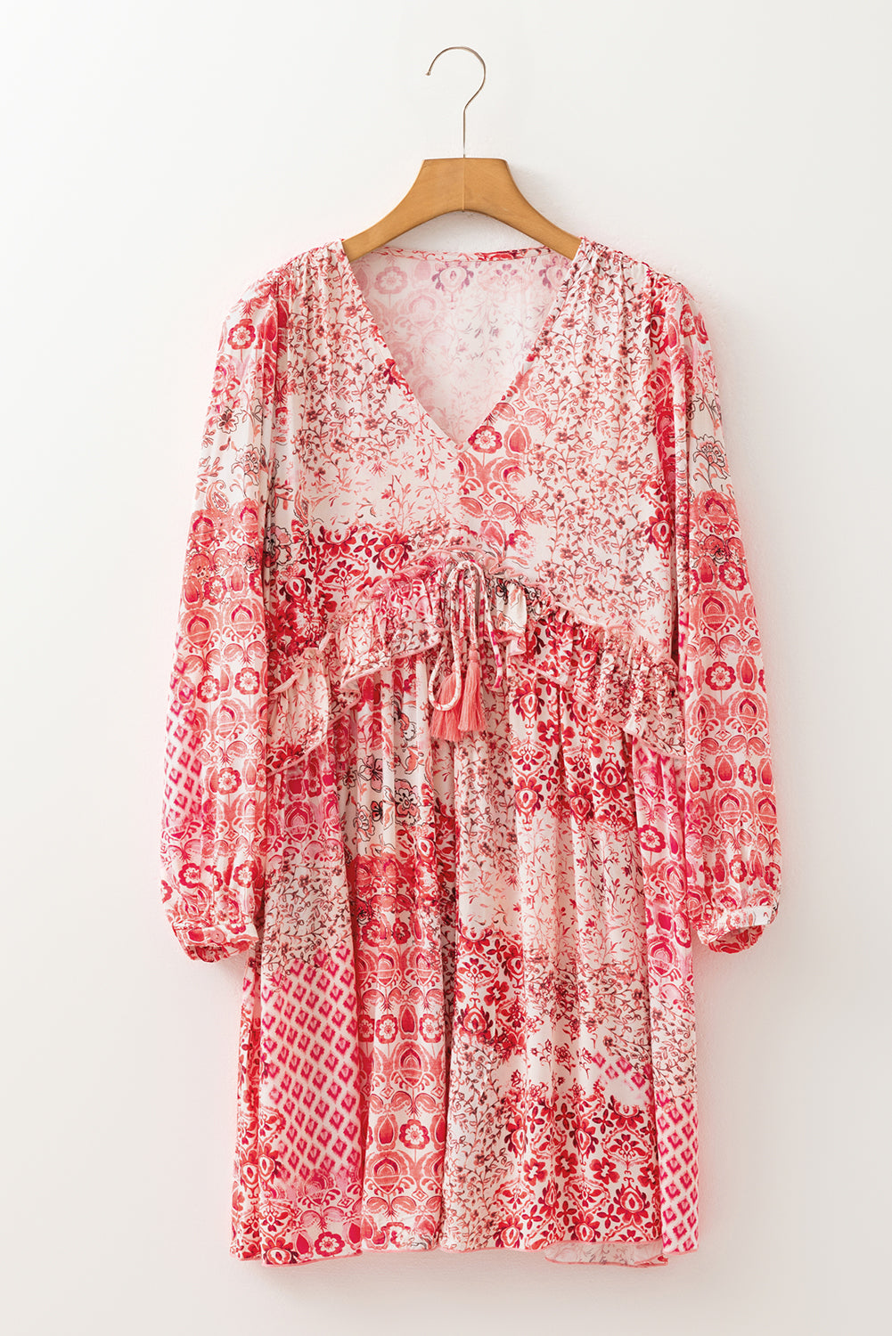 Pink Bohemian Floral Print Tassel Tie Long Sleeve Flowy Mini Dress-TOPS / DRESSES-[Adult]-[Female]-2022 Online Blue Zone Planet