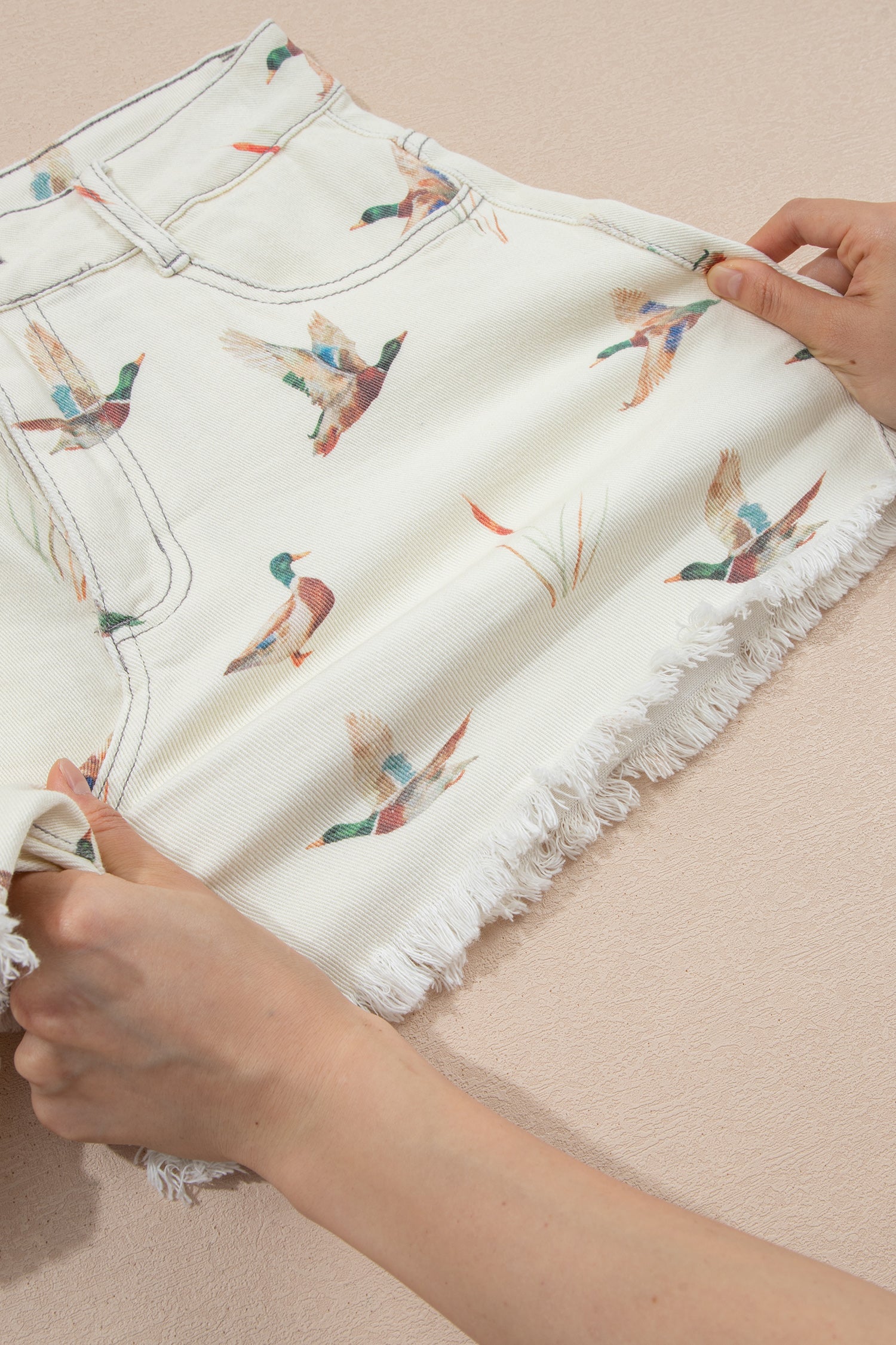 Beige Wild Duck Mallard High Waist Frayed Denim Shorts-Bottoms/Denim Shorts-[Adult]-[Female]-2022 Online Blue Zone Planet