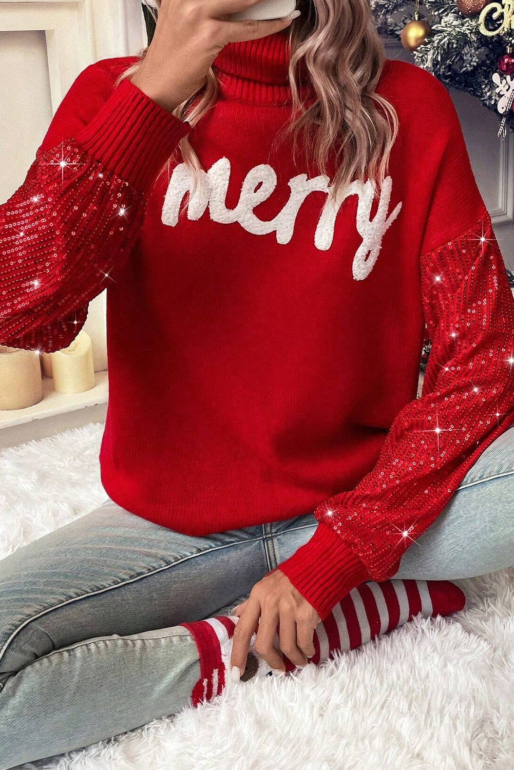 Racing Red Merry Graphic Sequin Sleeves Christmas Turtleneck Sweater-Sweaters & Cardigans/Sweaters-[Adult]-[Female]-Racing Red-S-2022 Online Blue Zone Planet