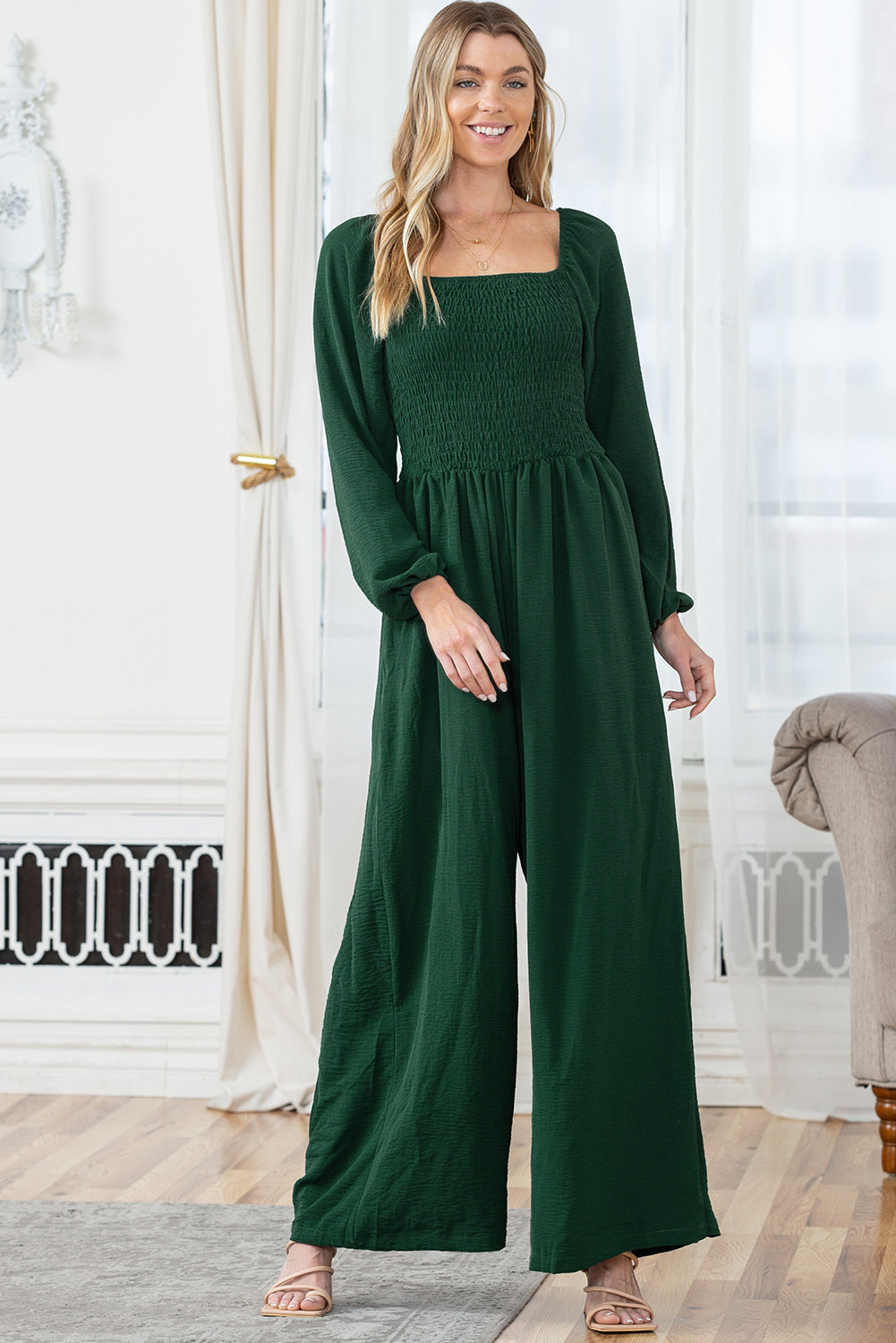 Green Smocked Square Neck Long Sleeve Wide Leg Jumpsuit-Jumpsuits-[Adult]-[Female]-2022 Online Blue Zone Planet