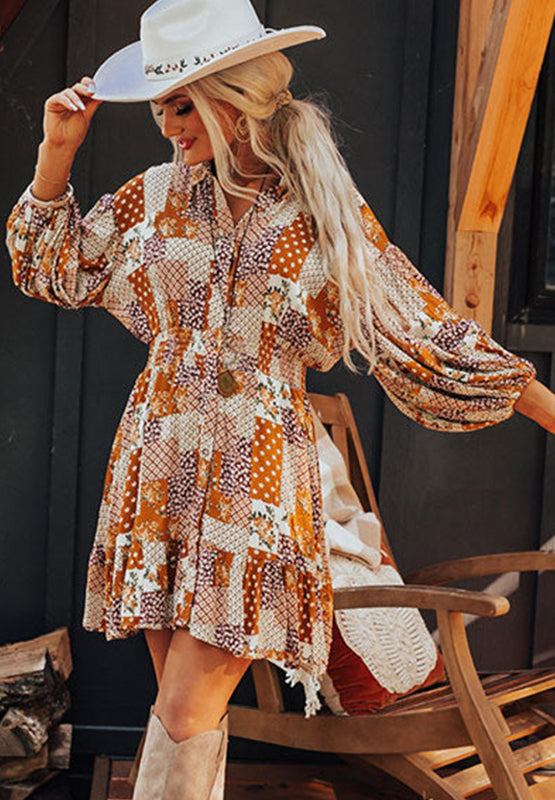 Printed Collared Neck Three-Quarter Sleeve Mini Shirt Dress-TOPS / DRESSES-[Adult]-[Female]-2022 Online Blue Zone Planet