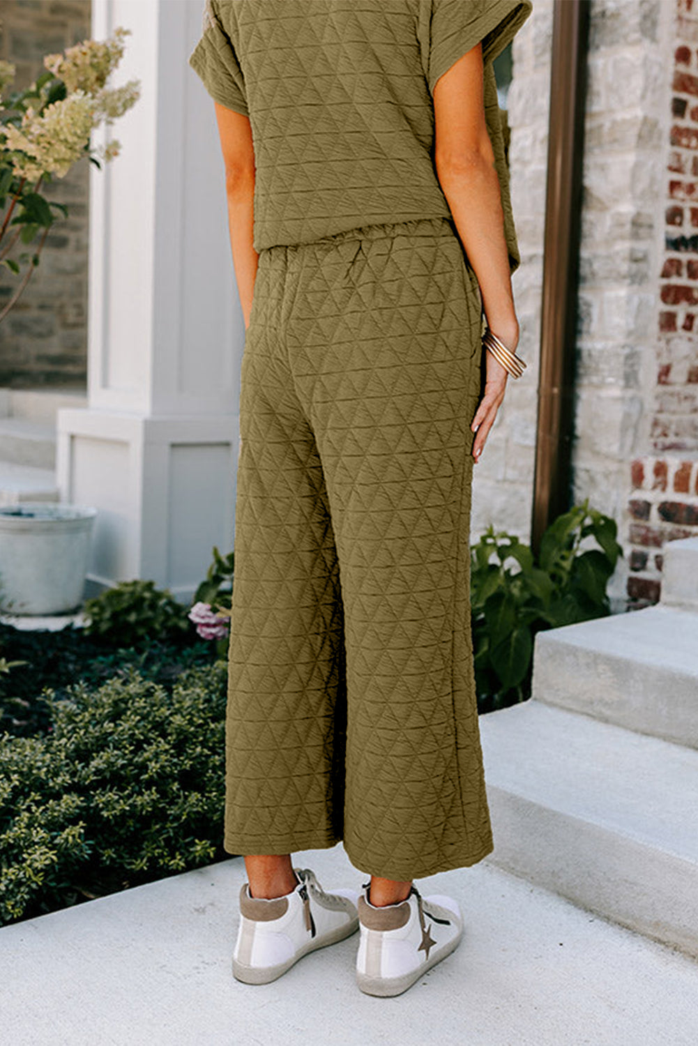 Blue Zone Planet |  Sage Green Quilted Short Sleeve Wide Leg Pants Set Blue Zone Planet